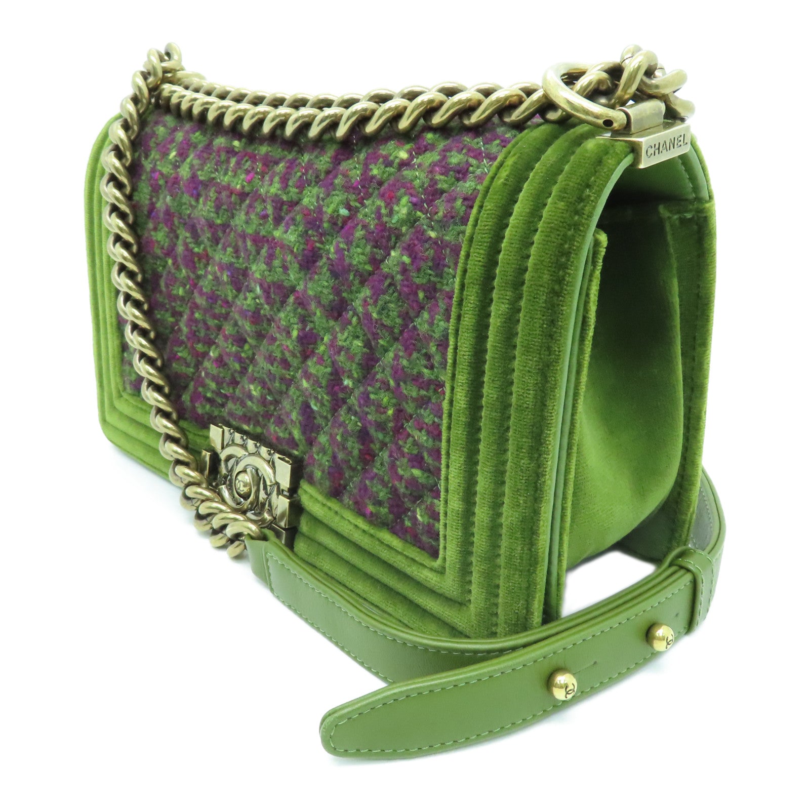 CHANEL tweed Shoulder Bag gold buckle chain shoulder bag green