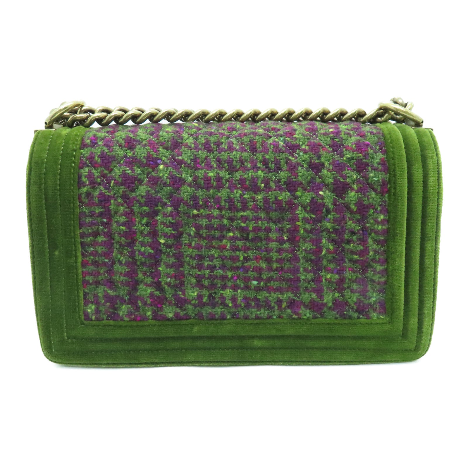 CHANEL tweed Shoulder Bag gold buckle chain shoulder bag green