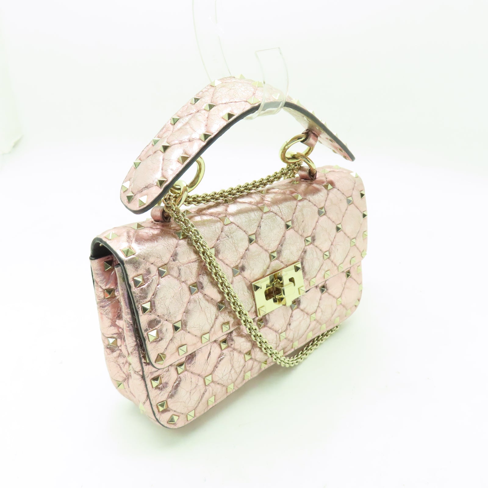 Valentino 羊皮皮革2 Way Shoulder金扣手挽肩背兩用袋粉紅色