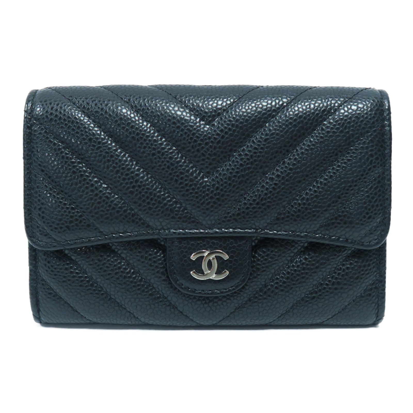 CHANEL 斜紋Caviar皮革Wallet銀扣錢包黑色
