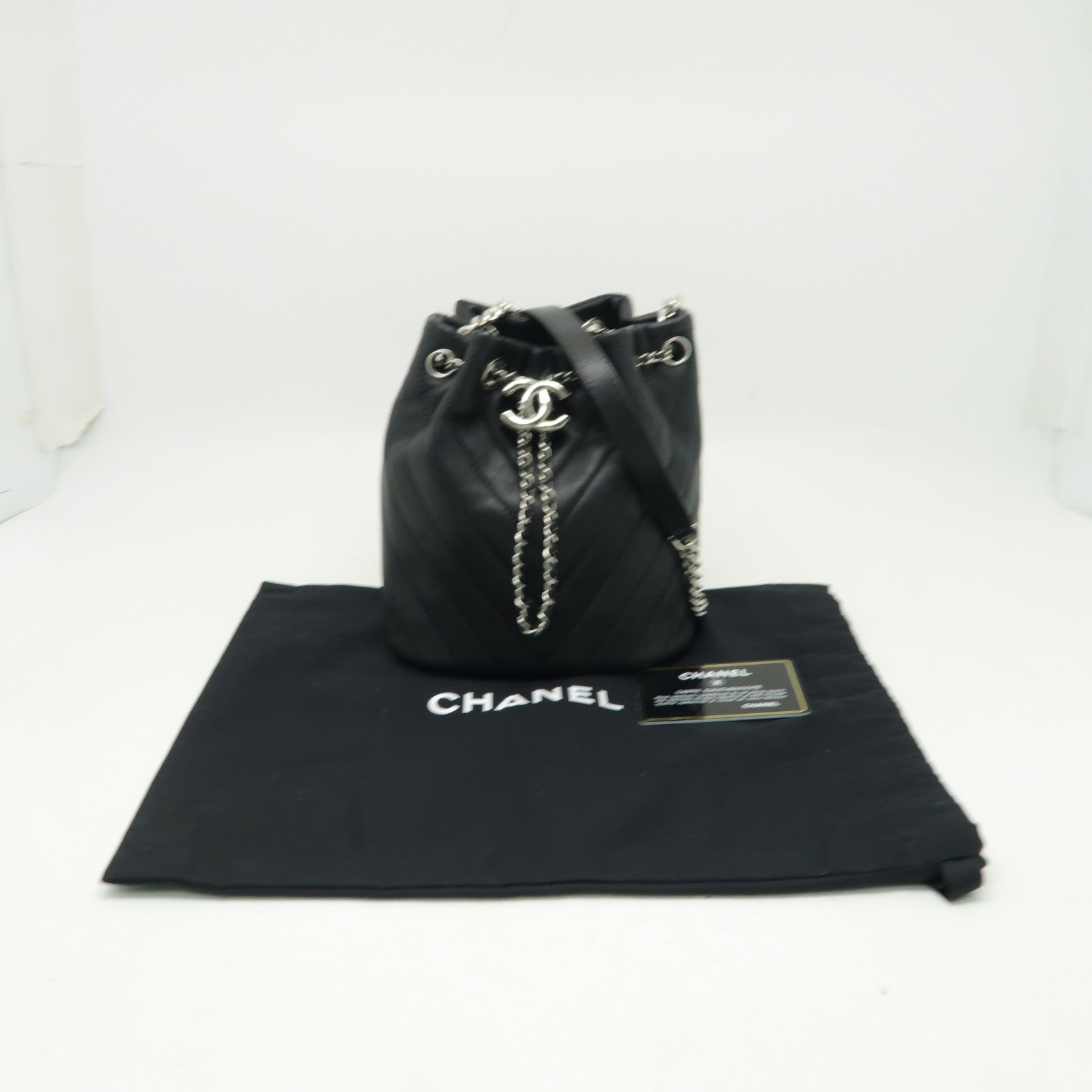 CHANEL 斜紋牛皮皮革Chain Shoulder Bag銀扣鏈帶肩背袋黒色