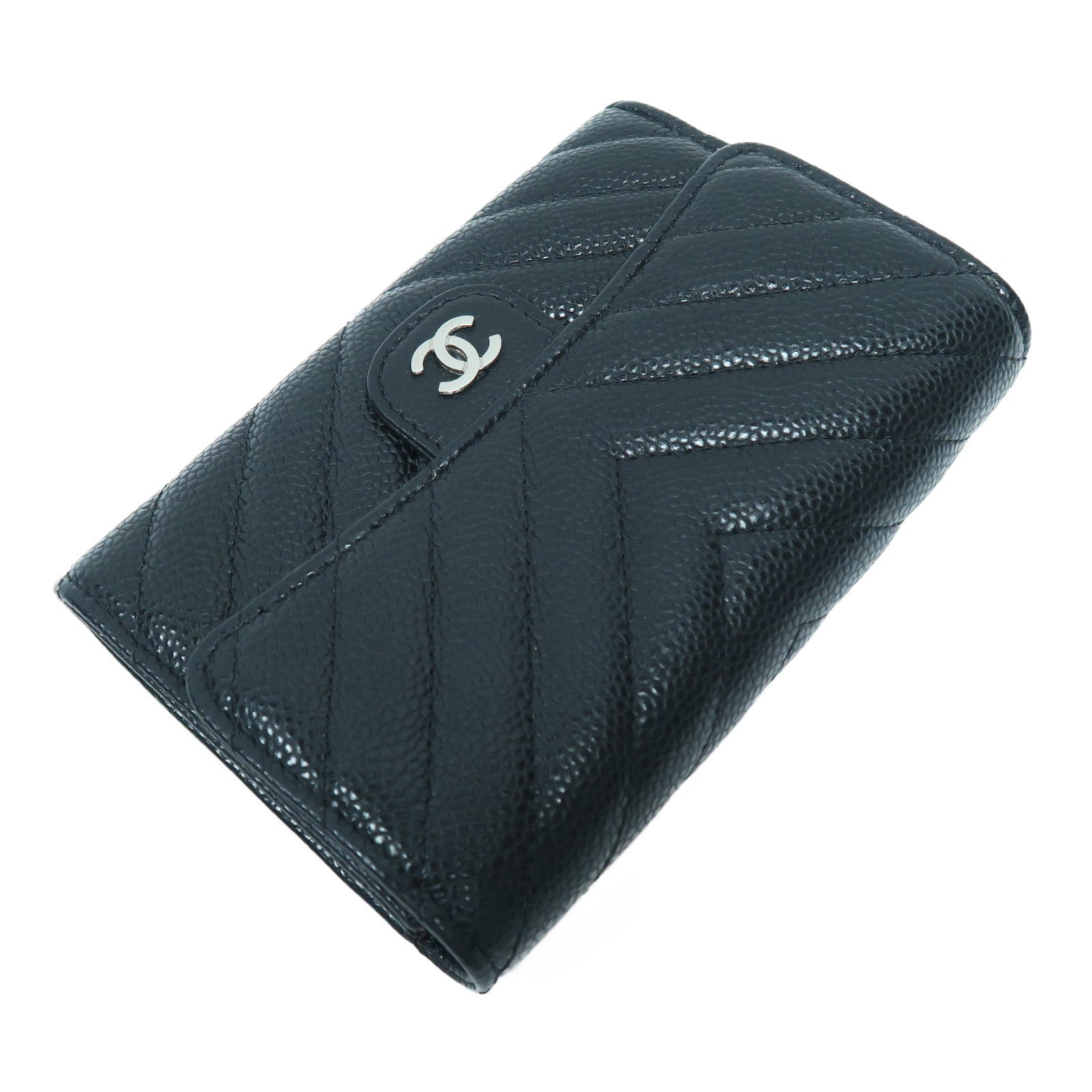 CHANEL 斜紋Caviar皮革Wallet銀扣錢包黑色