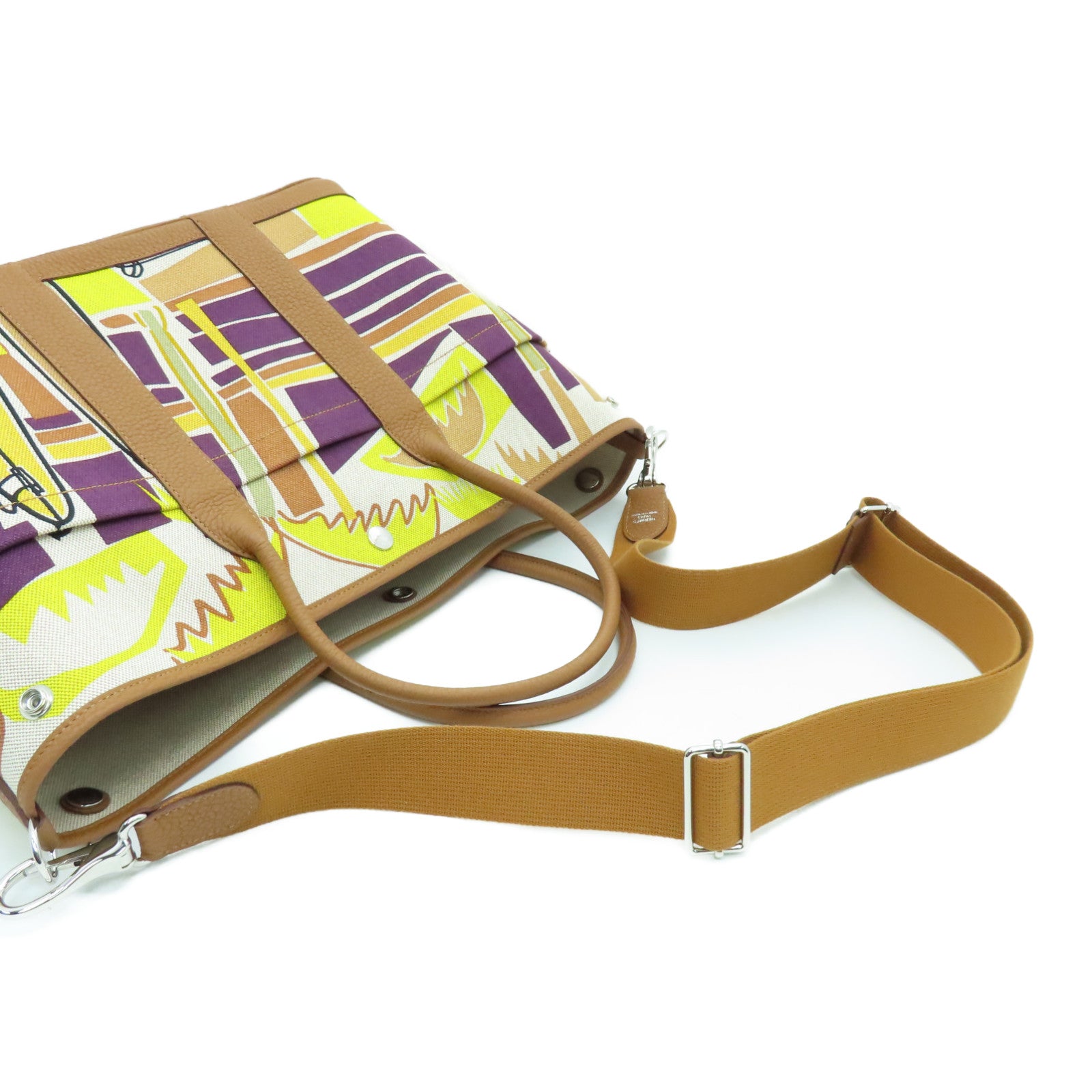 HERMES 帆布Garden Party 36银扣手挽袋Gold米色