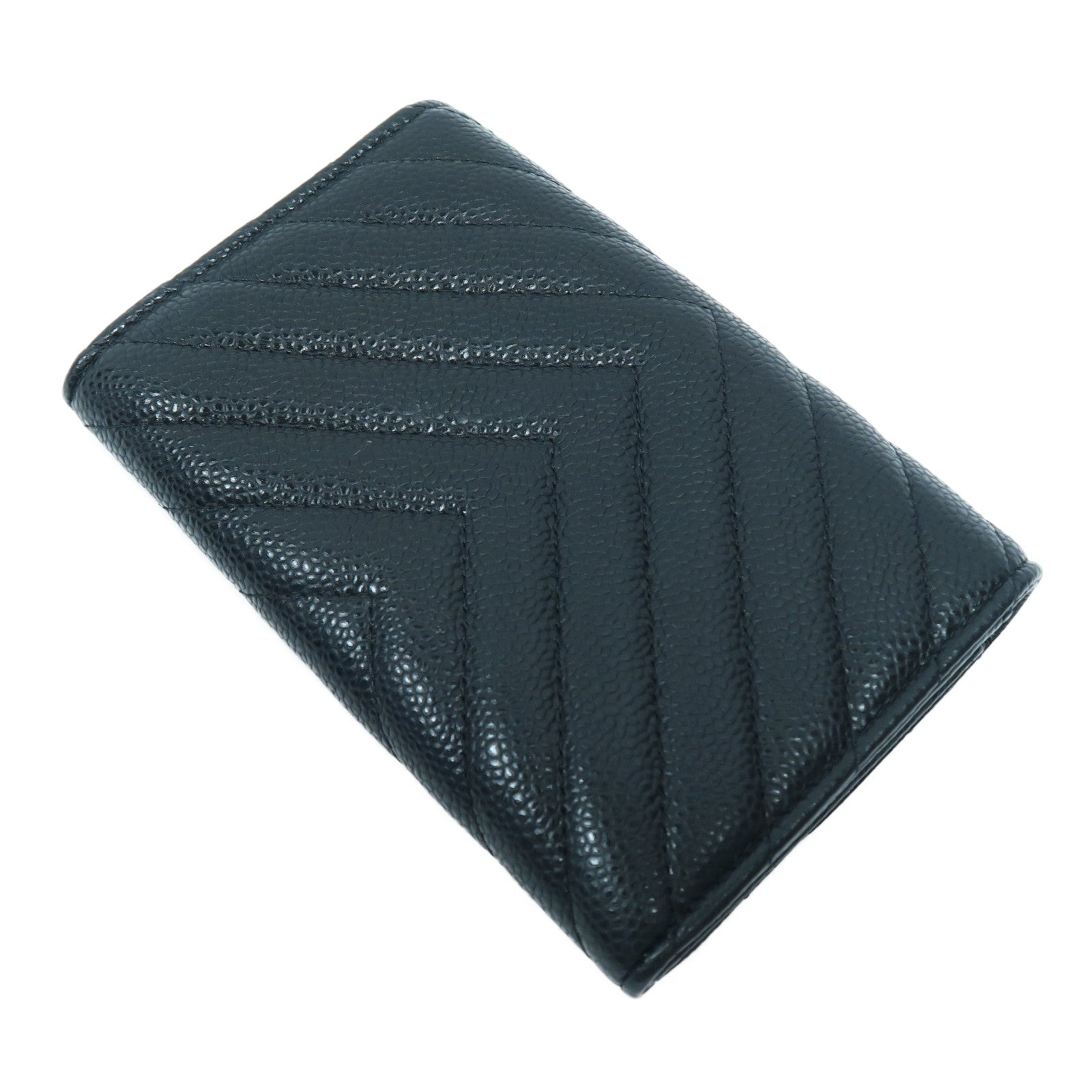 CHANEL 斜紋Caviar皮革Wallet銀扣錢包黑色