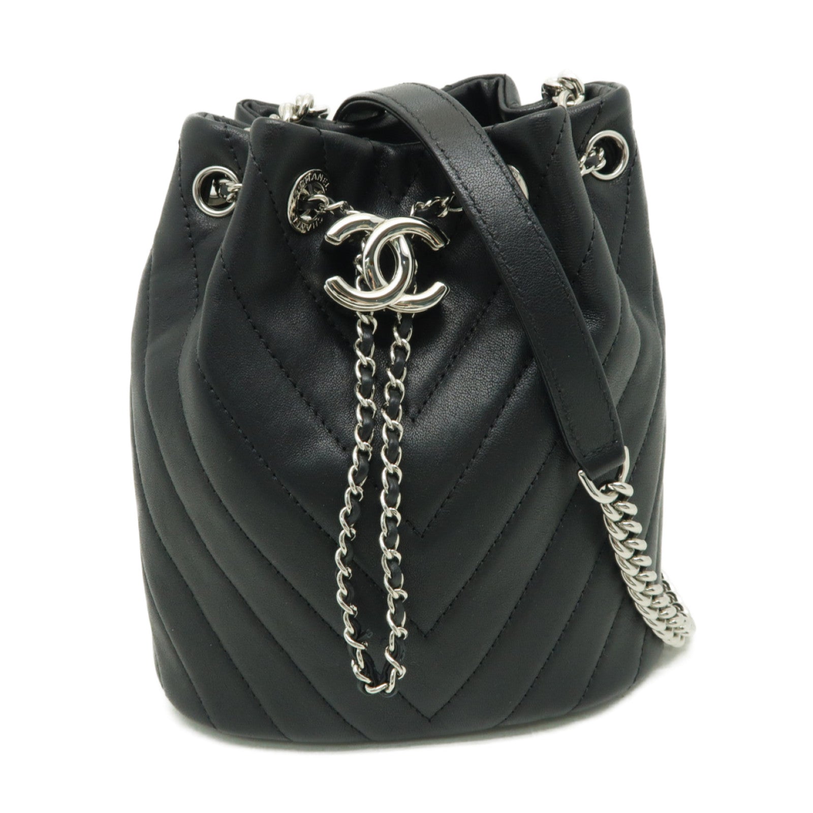 CHANEL 斜紋牛皮皮革Chain Shoulder Bag銀扣鏈帶肩背袋黒色