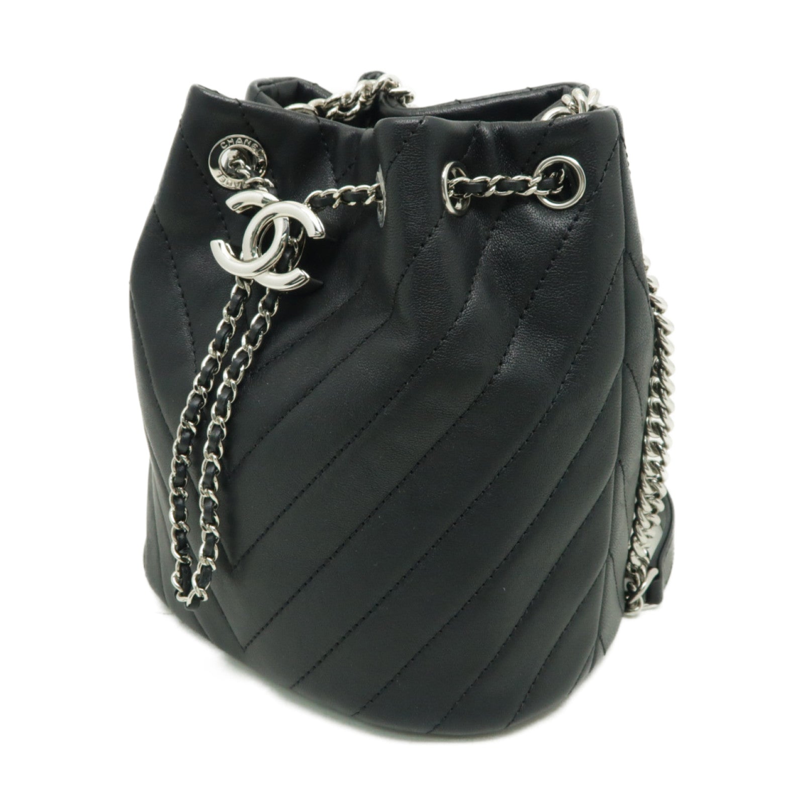 CHANEL 斜紋牛皮皮革Chain Shoulder Bag銀扣鏈帶肩背袋黒色