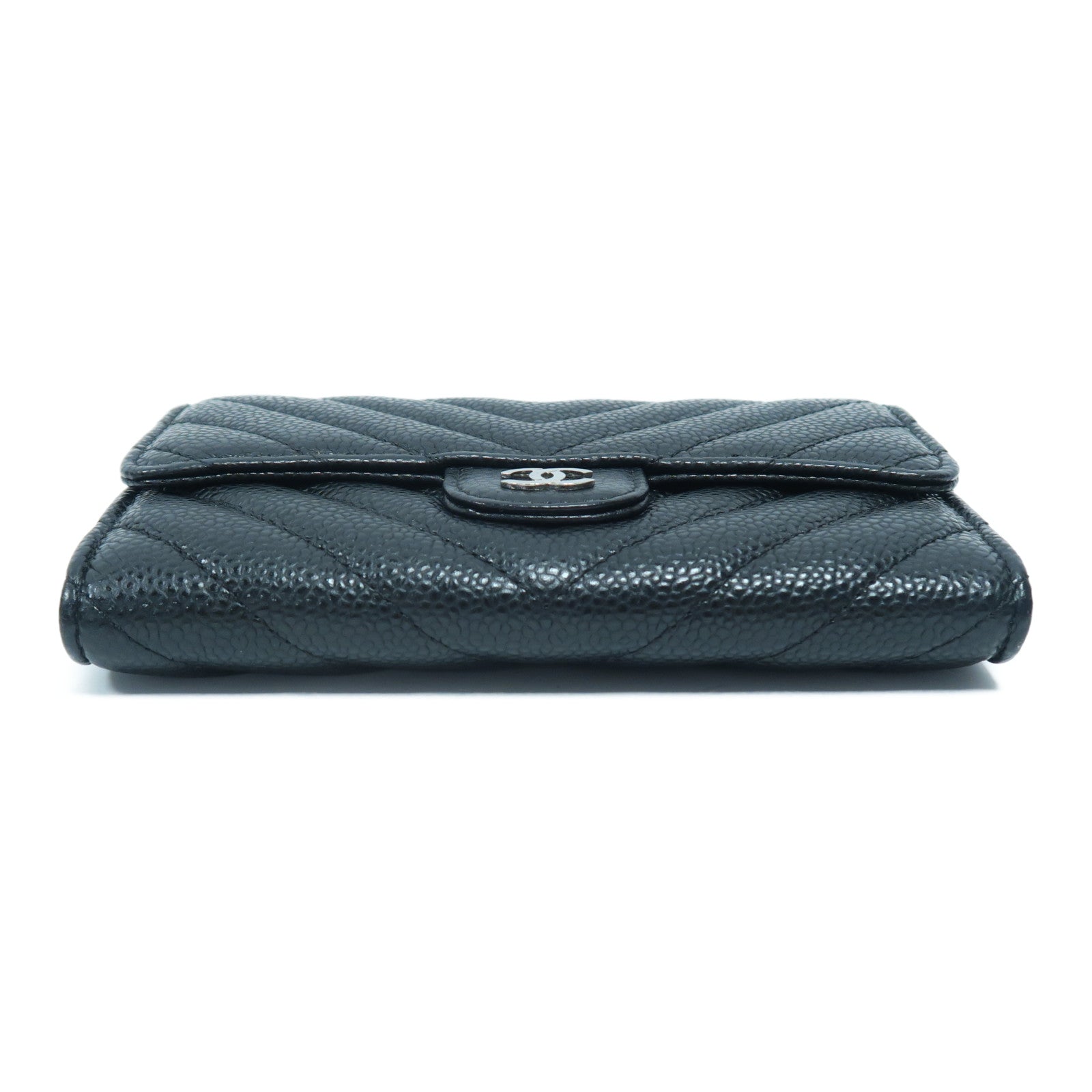 CHANEL 斜紋Caviar皮革Wallet銀扣錢包黑色