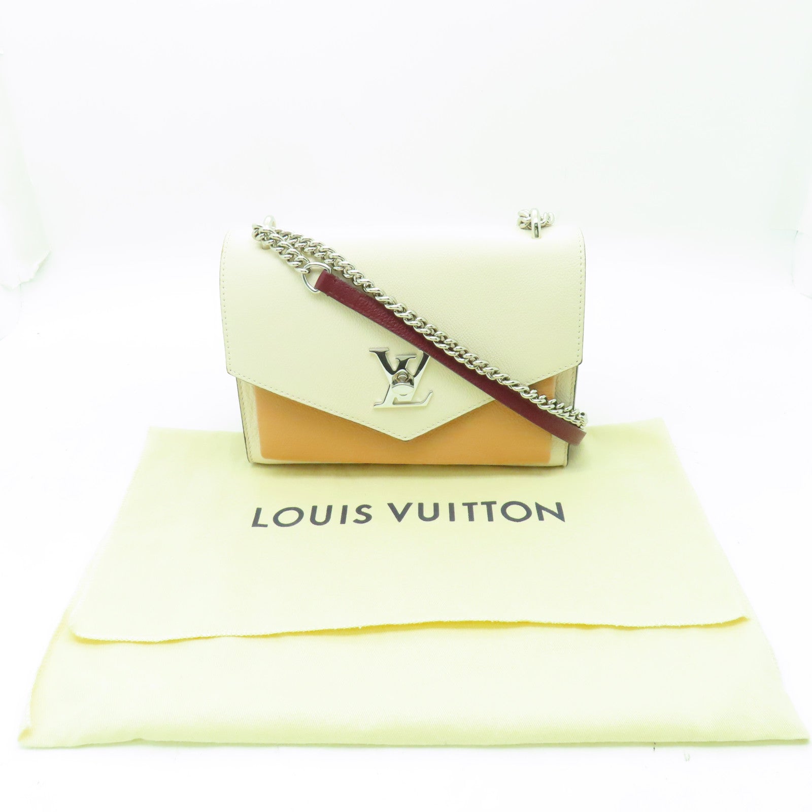 LOUIS VUITTON 牛皮皮革Mylockme BB銀扣肩背袋米色/紅色