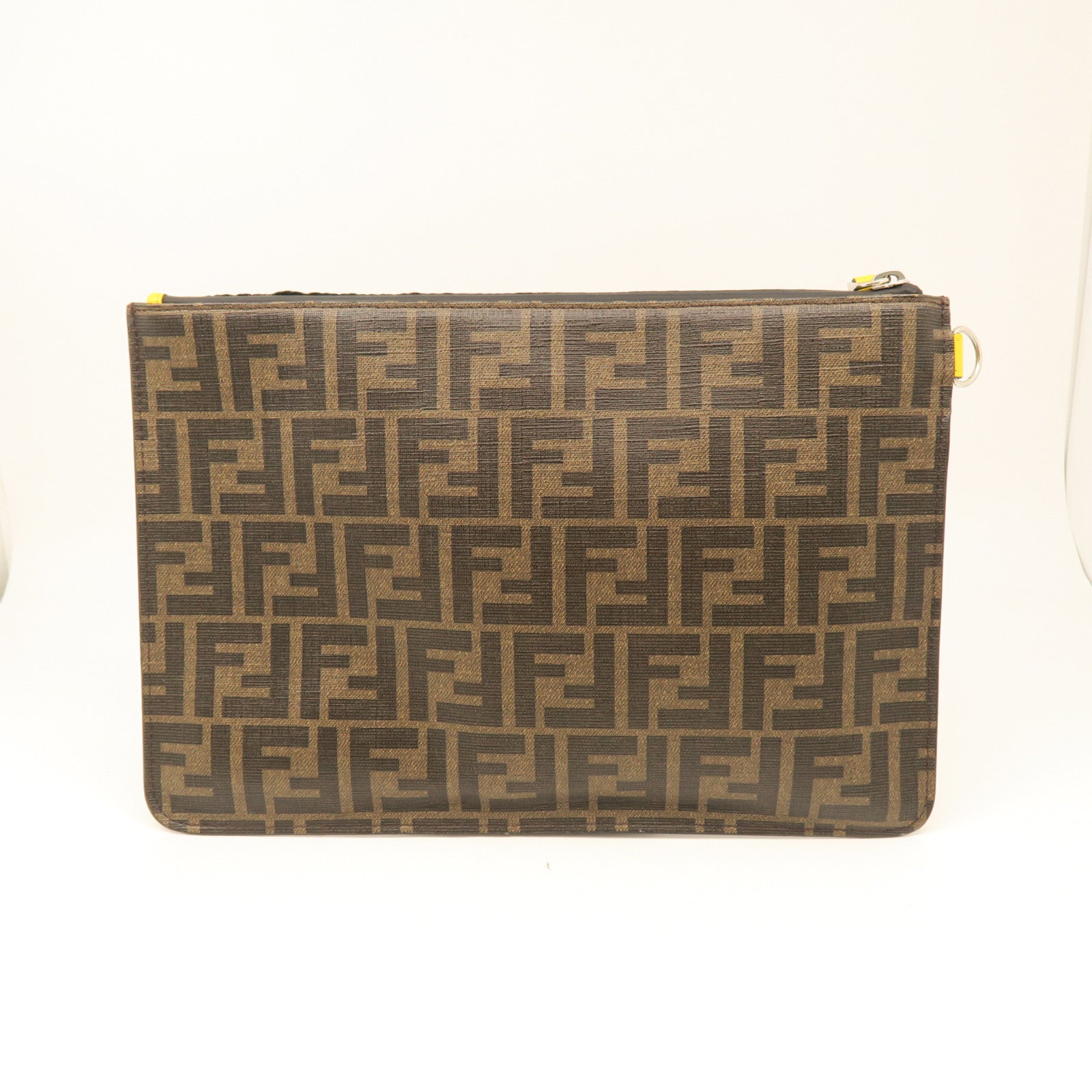 FENDI Coated Canvas Pouch Silver Button Clutch Brown