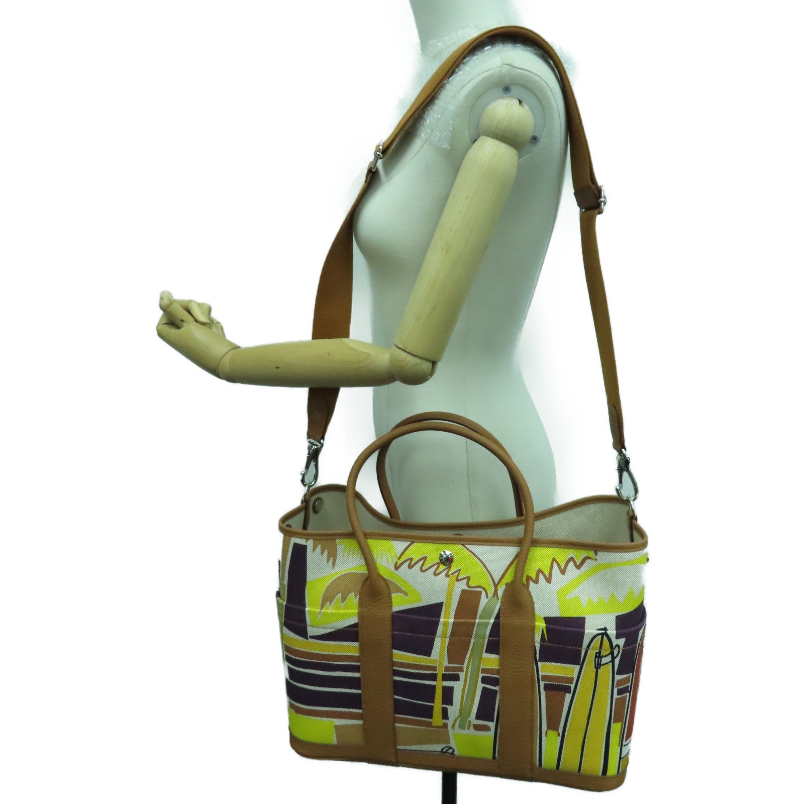 HERMES 帆布Garden Party 36银扣手挽袋Gold米色