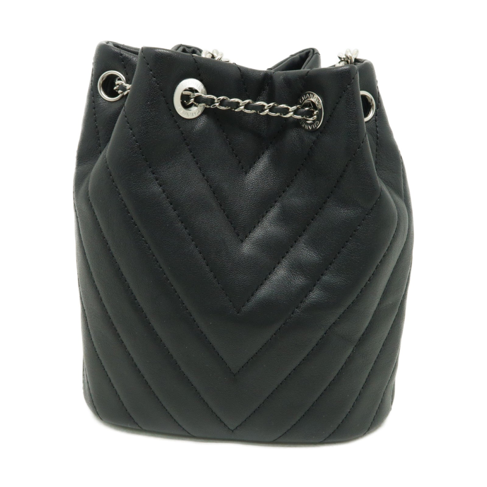 CHANEL 斜紋牛皮皮革Chain Shoulder Bag銀扣鏈帶肩背袋黒色