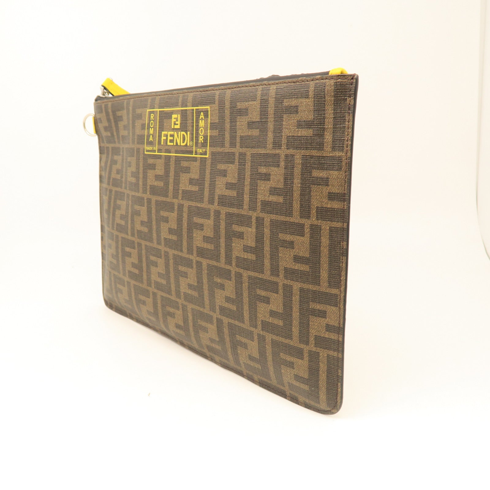 FENDI Coated Canvas Pouch Silver Button Clutch Brown
