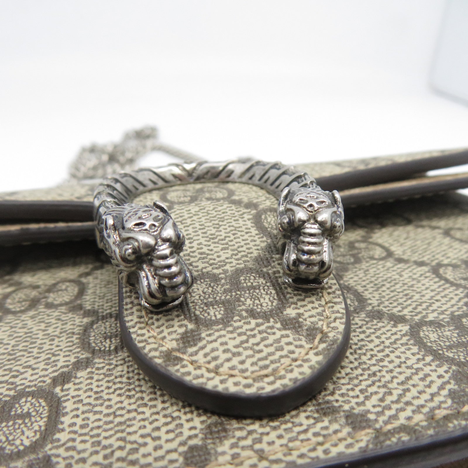 GUCCI 塗層帆布/絨布Dionysus Mini銀扣鏈帶肩背袋啡色