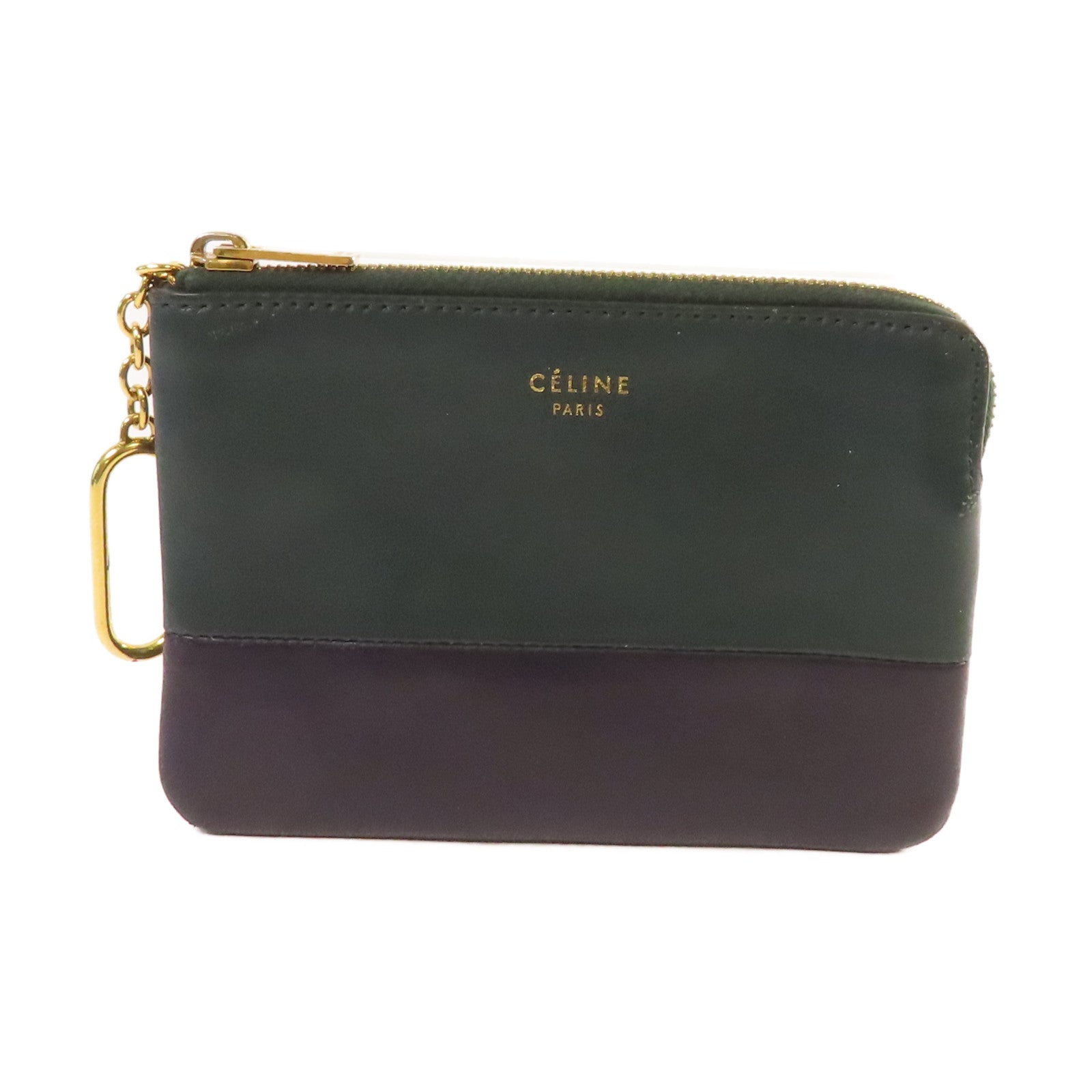 CELINE 牛皮皮革Card Case金扣卡片套黑色/綠色