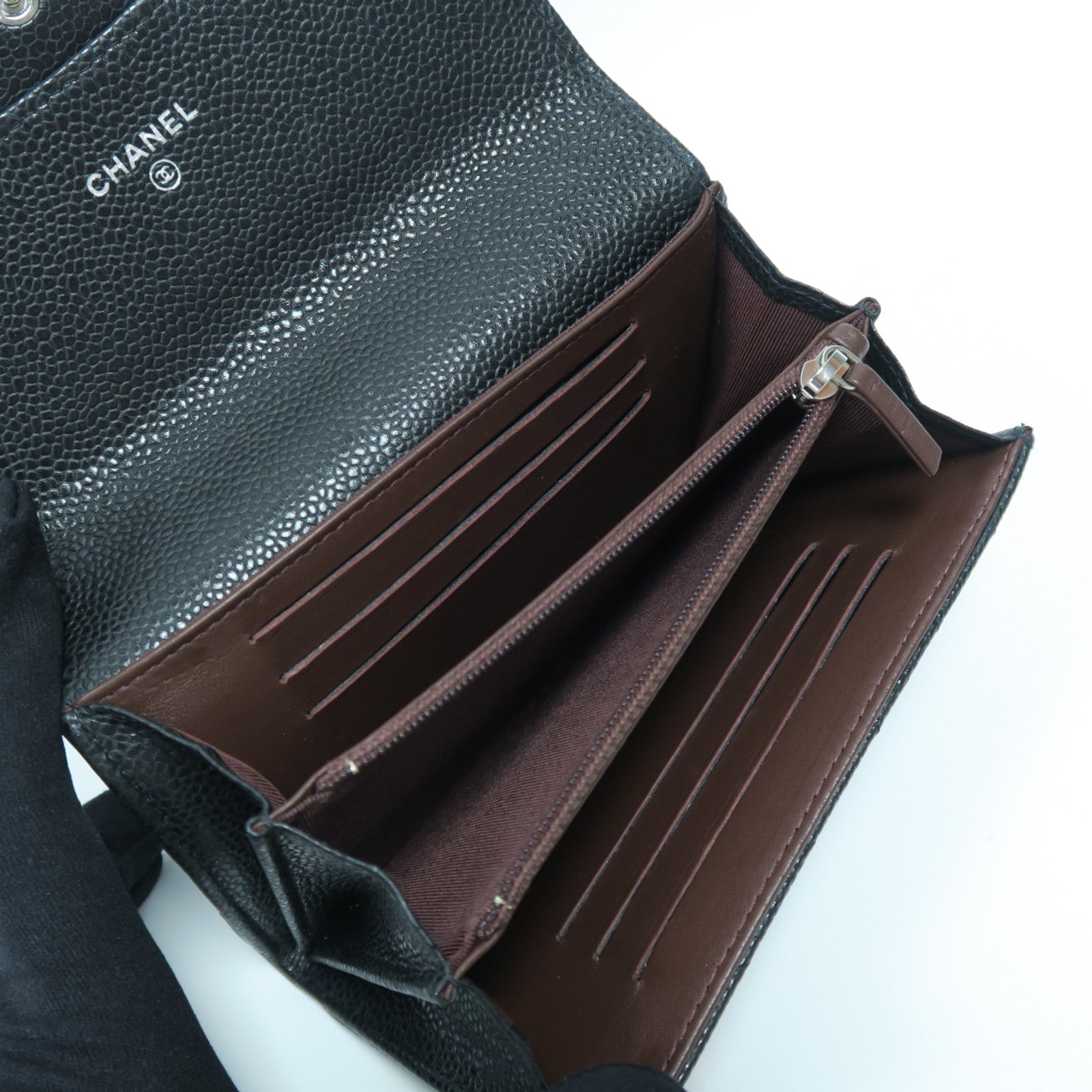 CHANEL 斜紋Caviar皮革Wallet銀扣錢包黑色