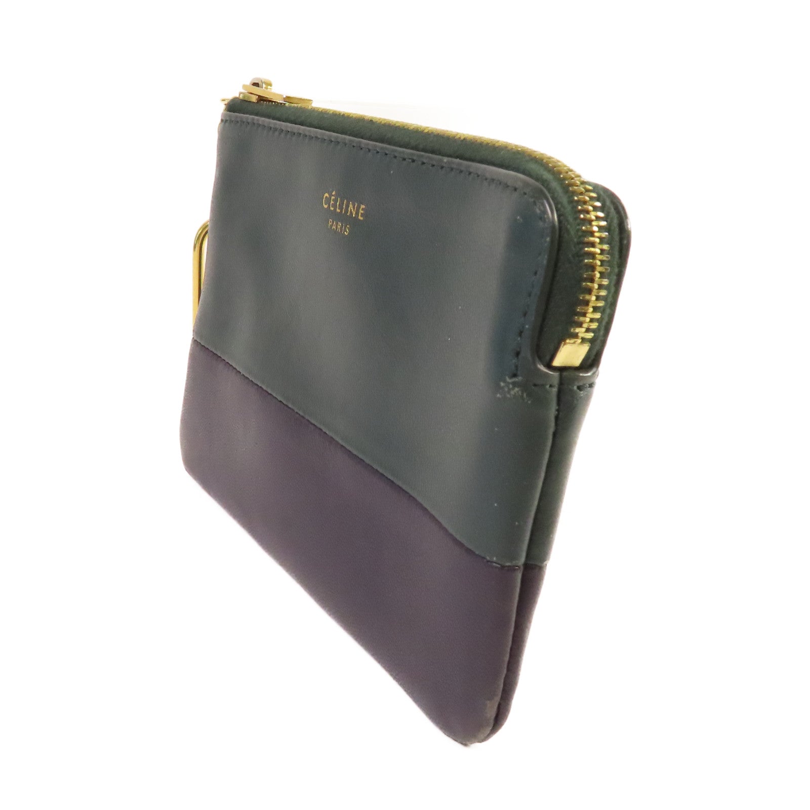 CELINE 牛皮皮革Card Case金扣卡片套黑色/綠色