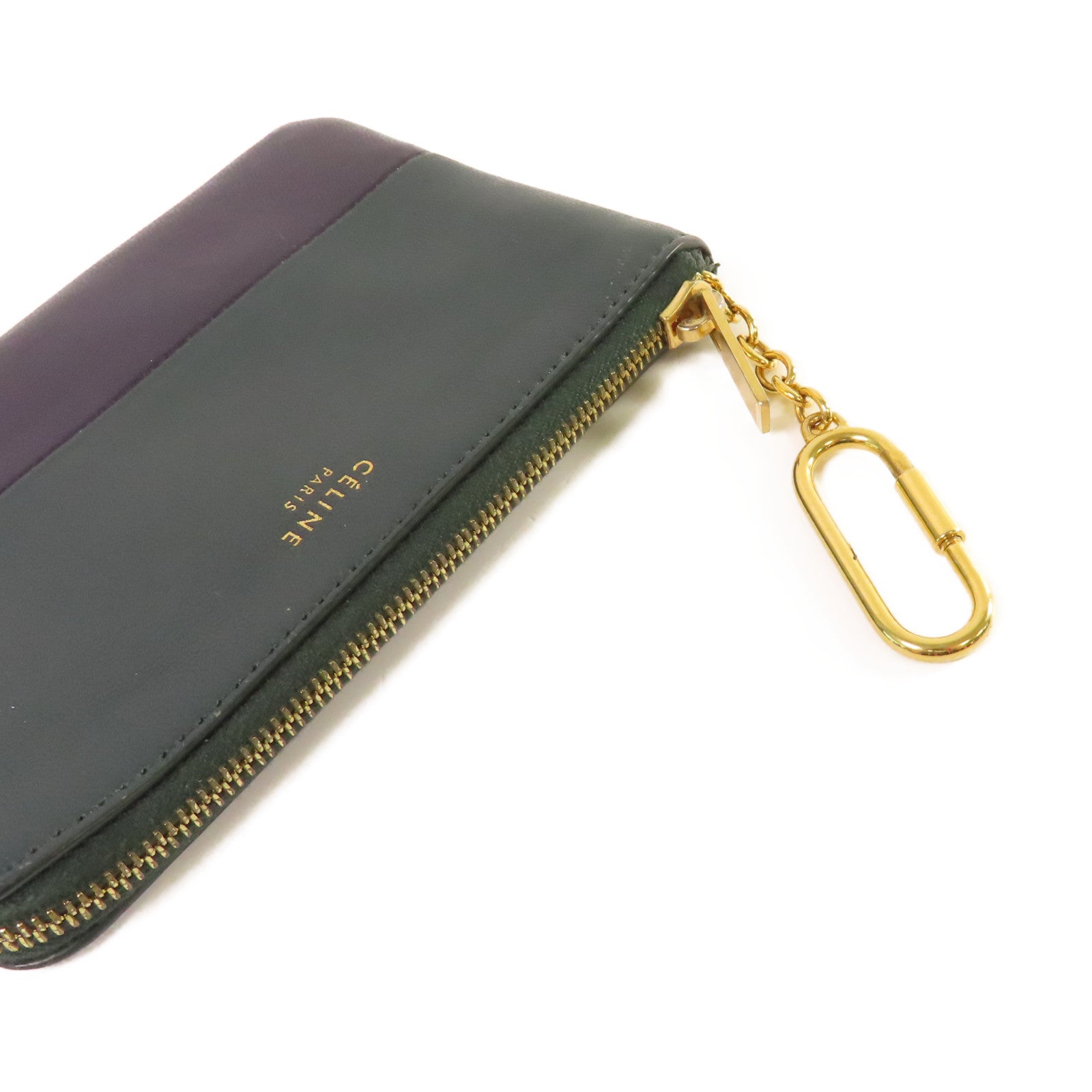 CELINE 牛皮皮革Card Case金扣卡片套黑色/綠色