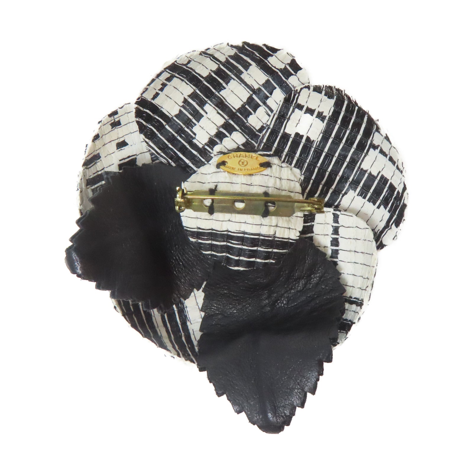 CHANEL 藤製Brooch金扣胸針黑色/白色