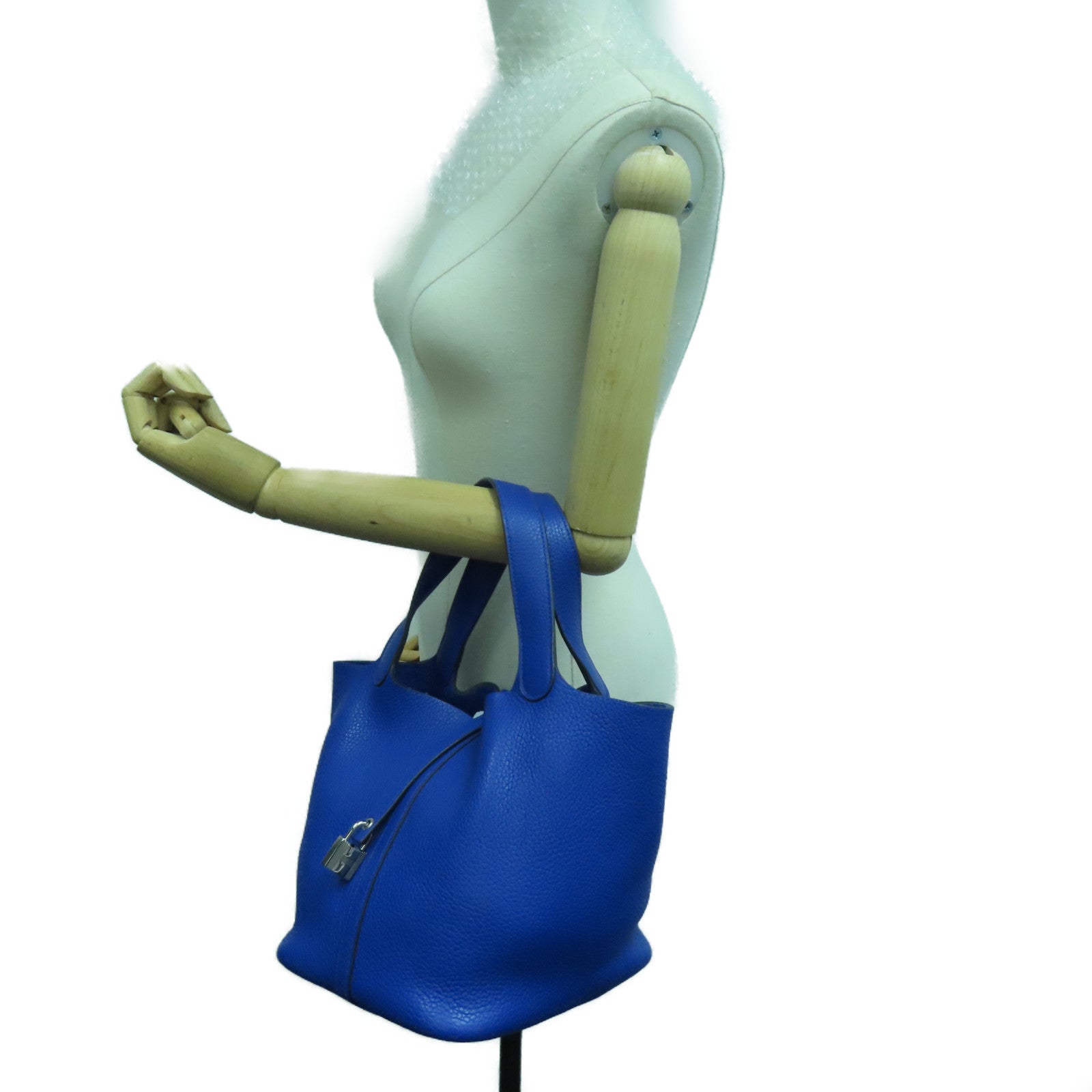 HERMES Clemence皮革Picotin MM银扣手挽袋Bleu Electrique/蓝色