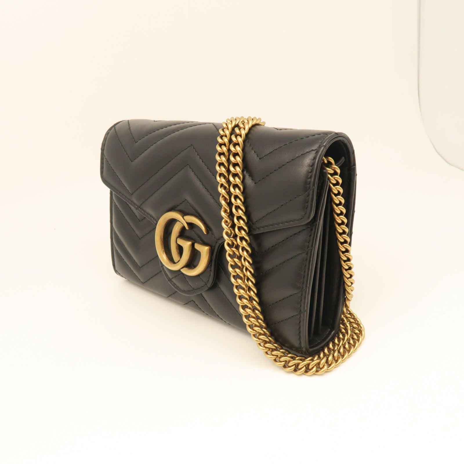GUCCI twill cowhide leather Chain Shoulder Bag gold buckle chain shoulder bag black
