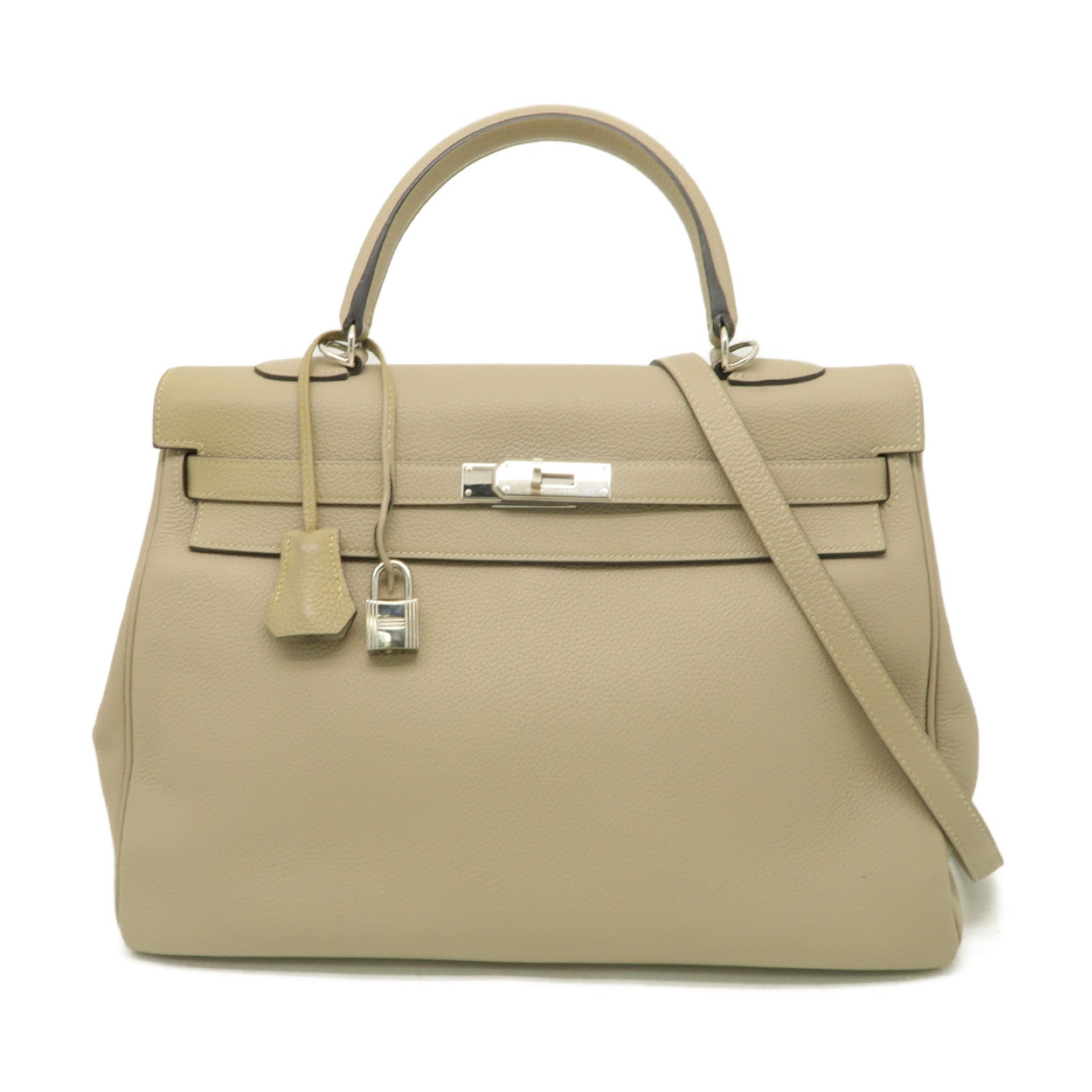 HERMES Togo皮革Kelly 35銀扣手挽肩背兩用袋Gris Tourterelle米色
