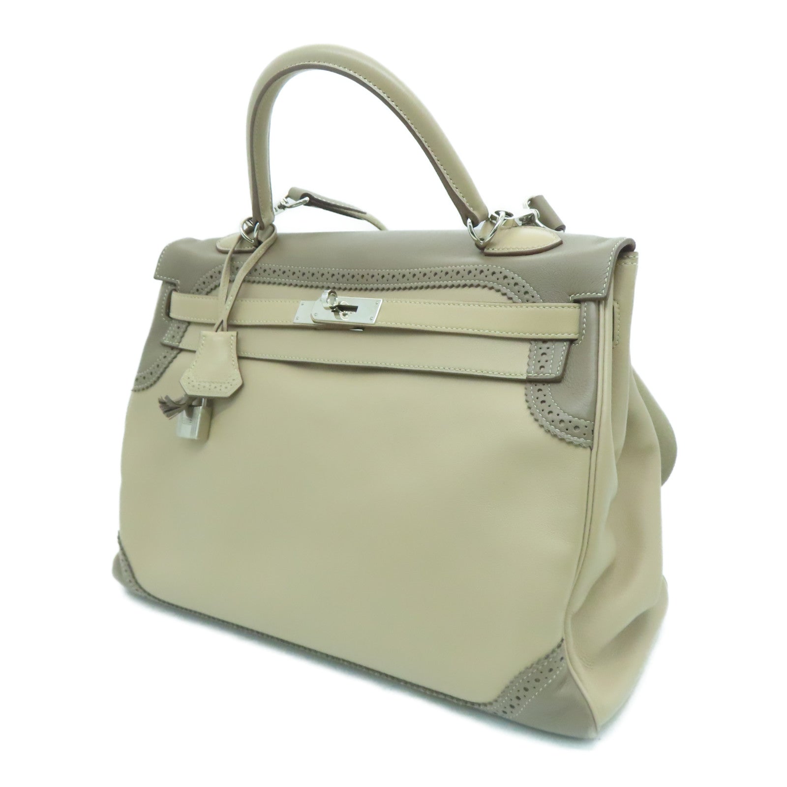 HERMES Swift皮革Ghillies Kelly 35银扣手挽肩背两用袋Argile/Etoupe粘土色/大象灰