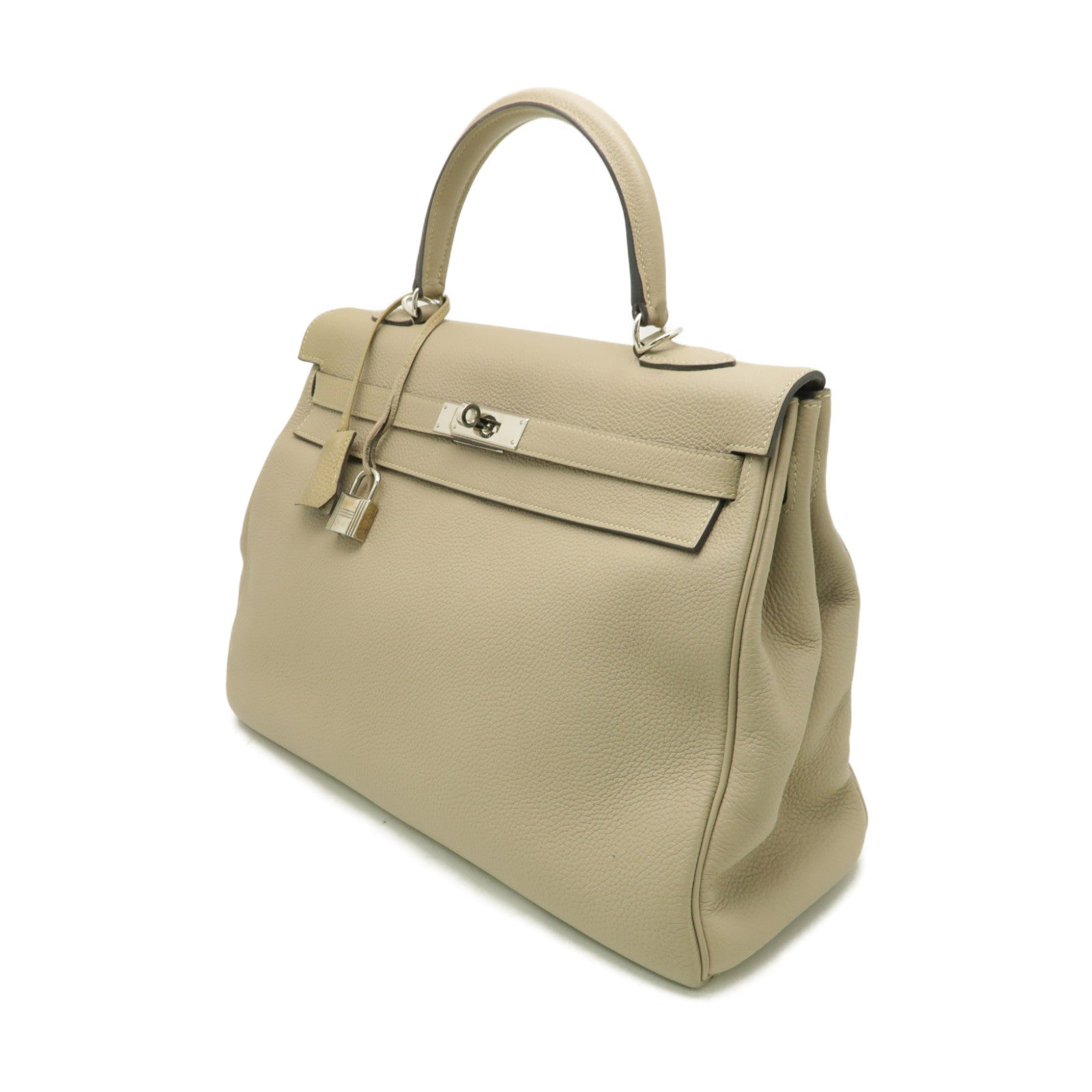 HERMES Togo皮革Kelly 35銀扣手挽肩背兩用袋Gris Tourterelle米色