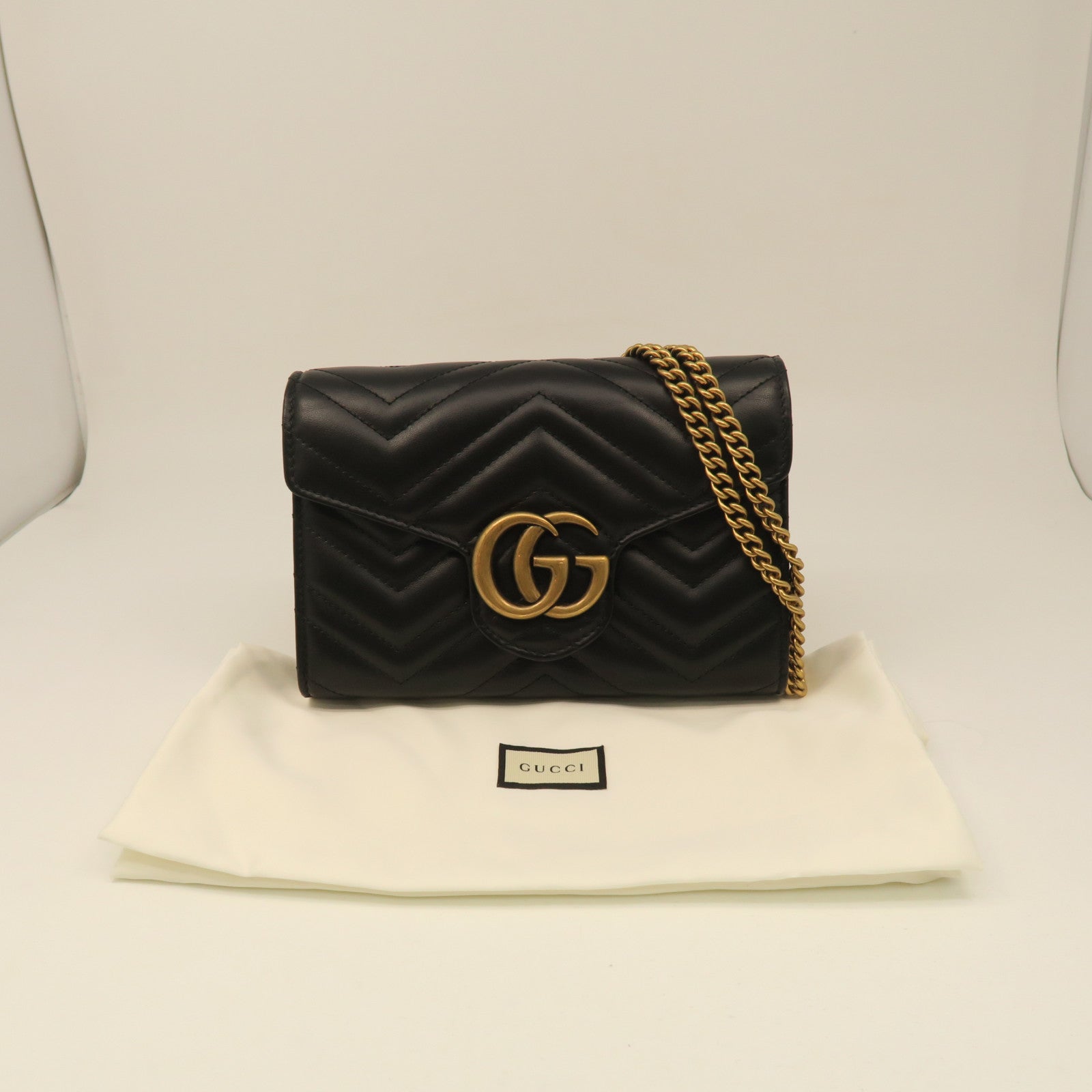 GUCCI twill cowhide leather Chain Shoulder Bag gold buckle chain shoulder bag black