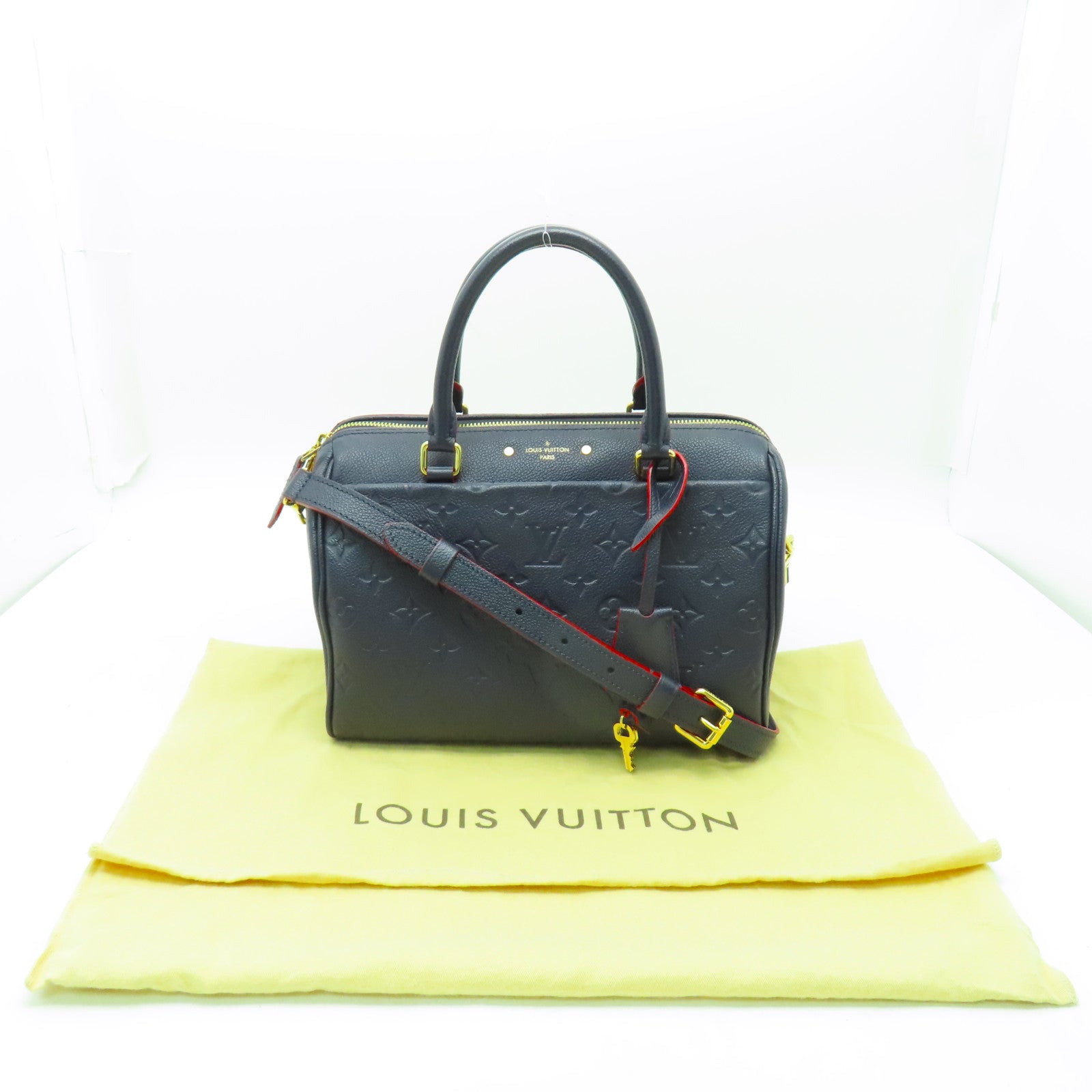 LOUIS VUITTON Monogram Empreinte Speedy Bandouliere 25金扣手挽肩背兩用袋深藍色