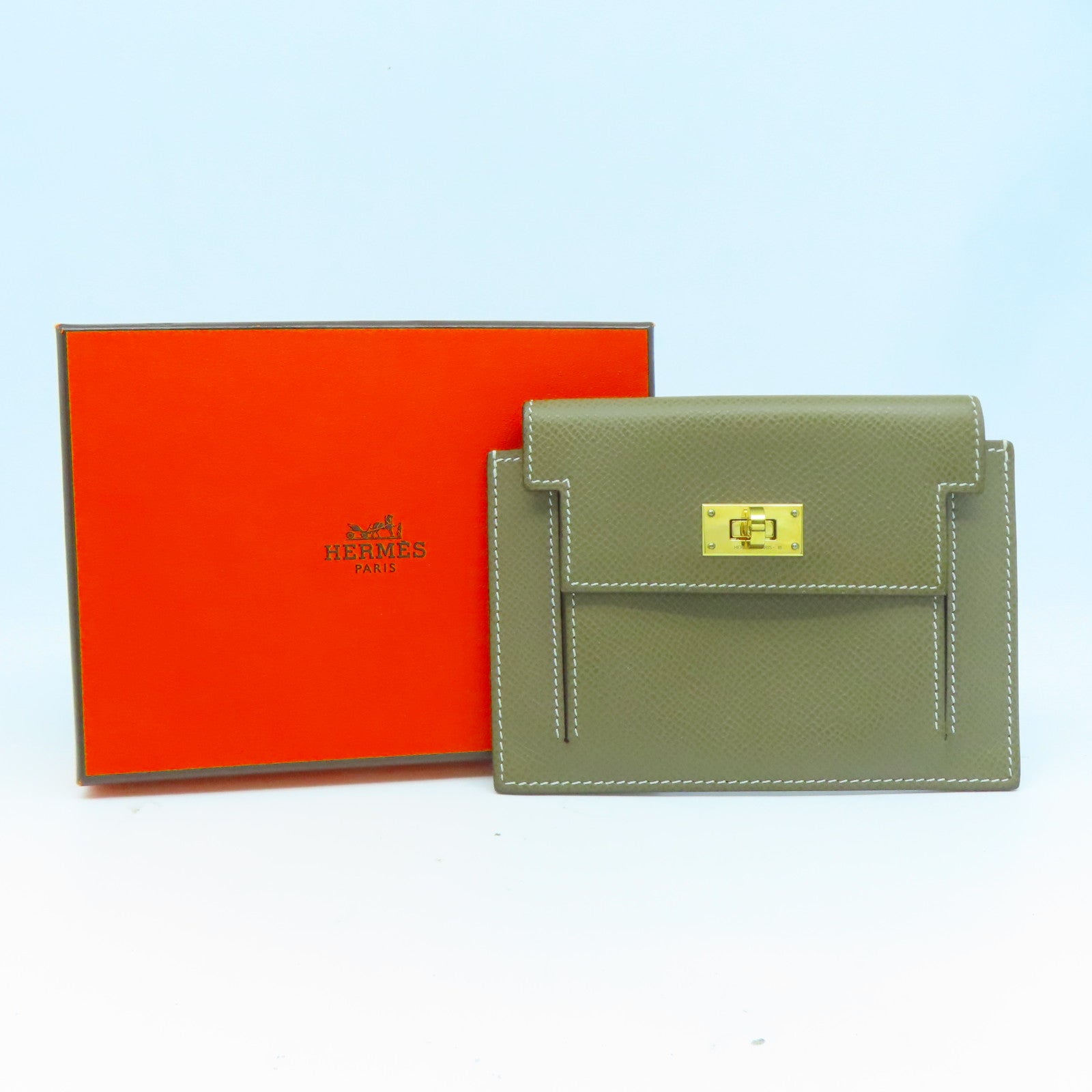 HERMES Epsom皮革Kelly Pocket金扣錢包經典駝色