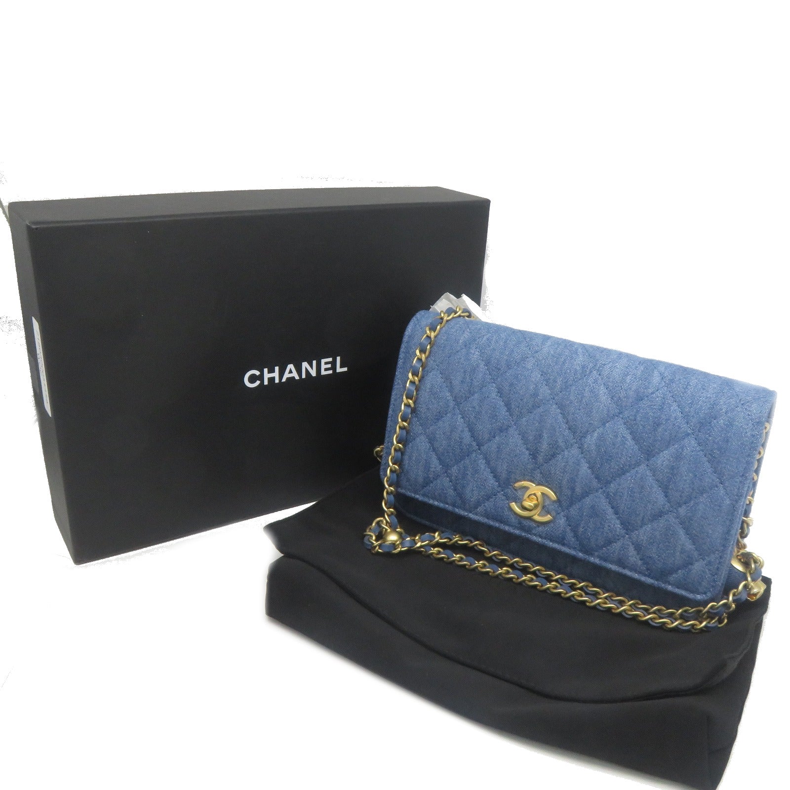 CHANEL 菱格牛仔布WOC金扣肩背袋藍色