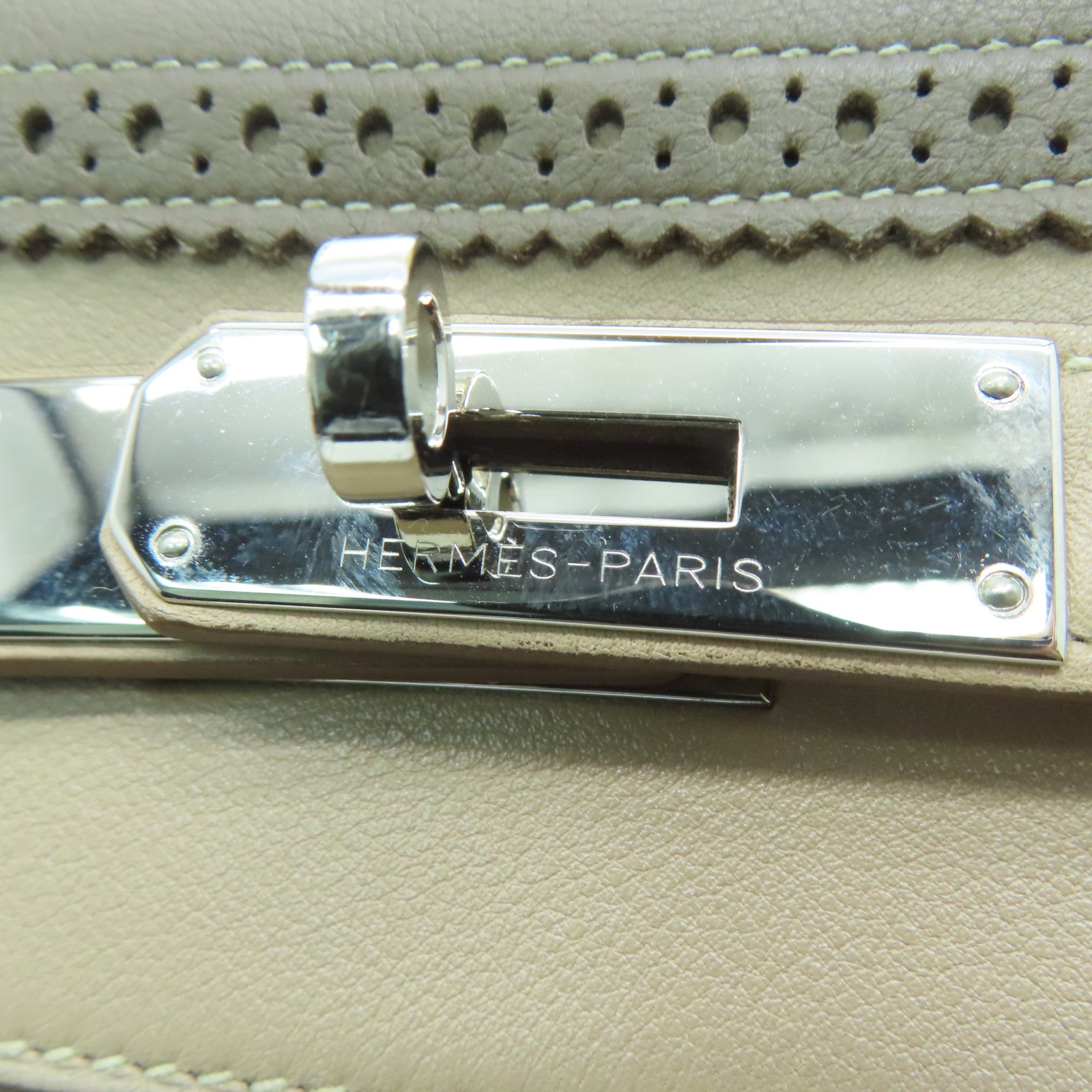 HERMES Swift皮革Ghillies Kelly 35银扣手挽肩背两用袋Argile/Etoupe粘土色/大象灰