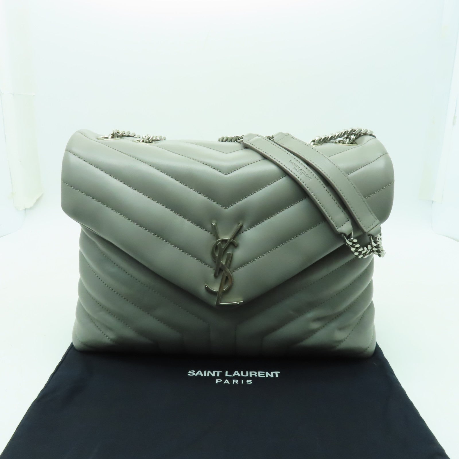 SAINT LAURENT 牛皮皮革Shoulder Bag銀扣鏈帶肩背袋灰色