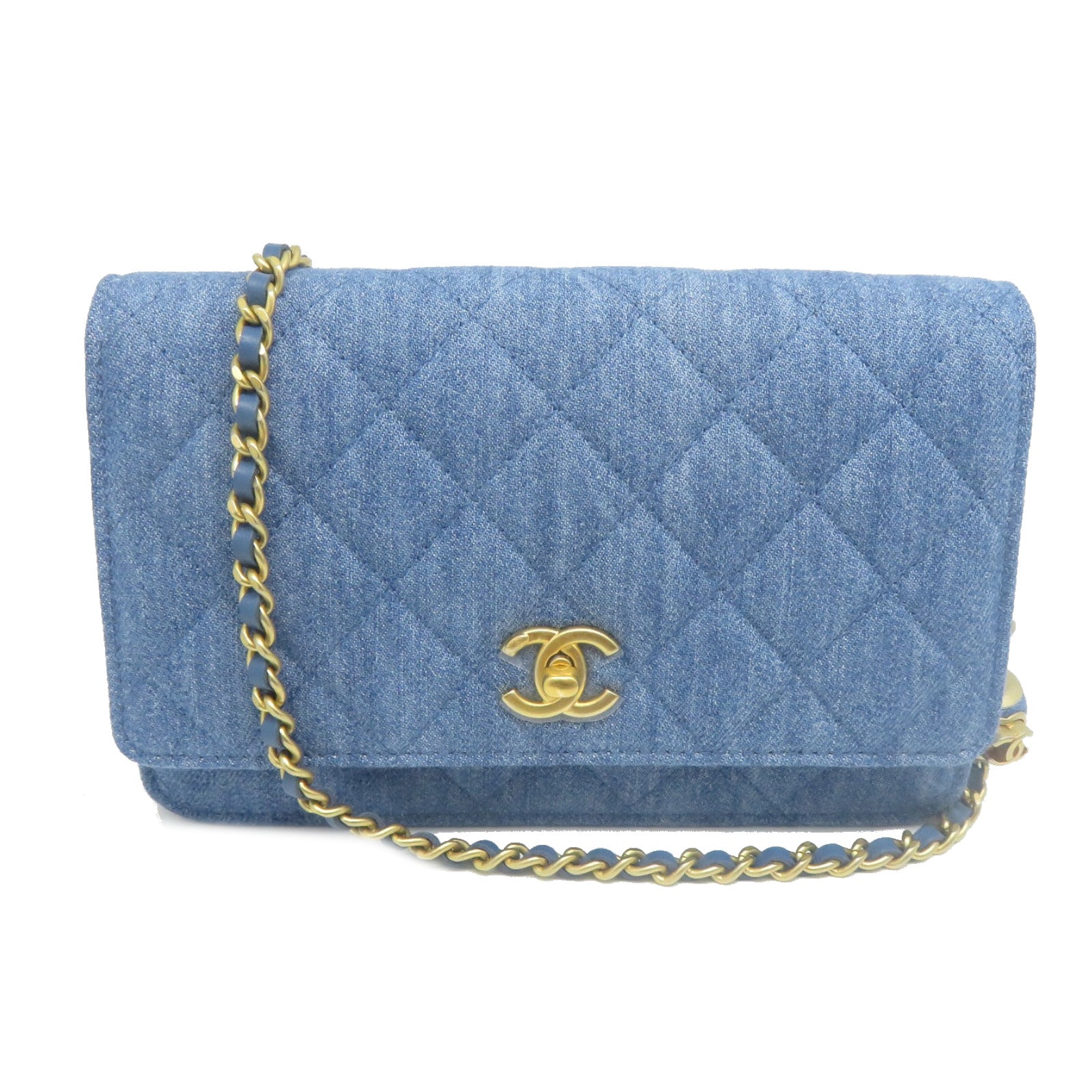 CHANEL 菱格牛仔布WOC金扣肩背袋藍色