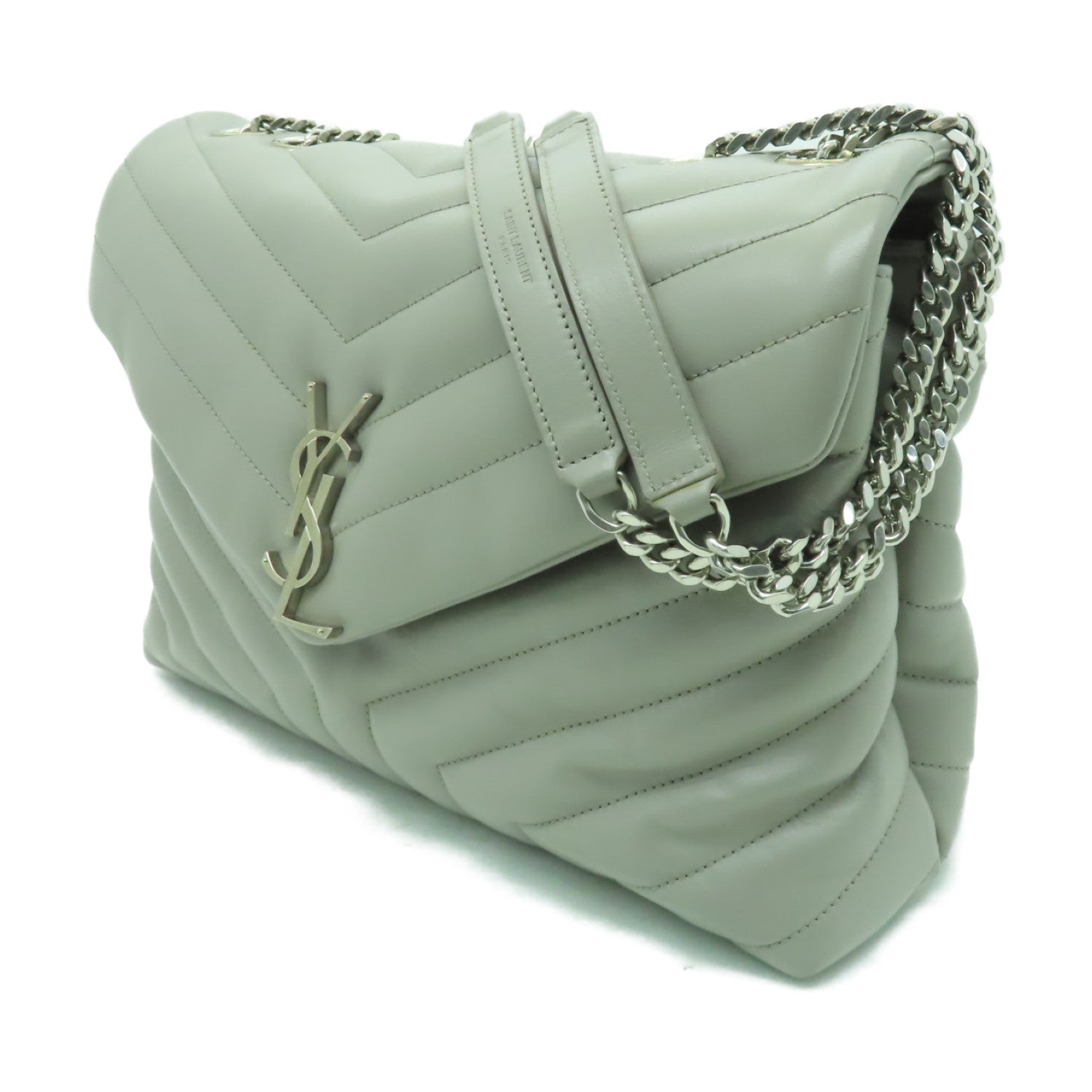 SAINT LAURENT 牛皮皮革Shoulder Bag銀扣鏈帶肩背袋灰色