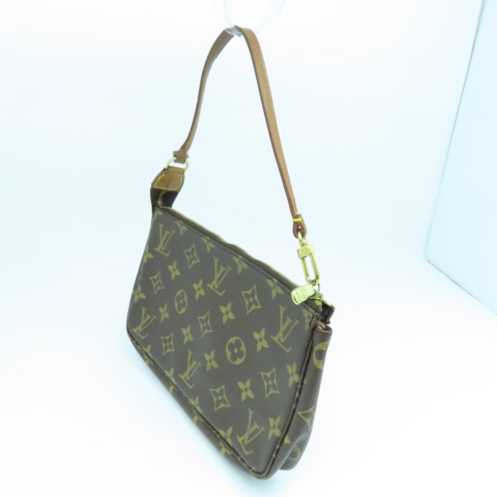 LOUIS VUITTON Monogram Pochette Accessories gold buckle handle bag brown