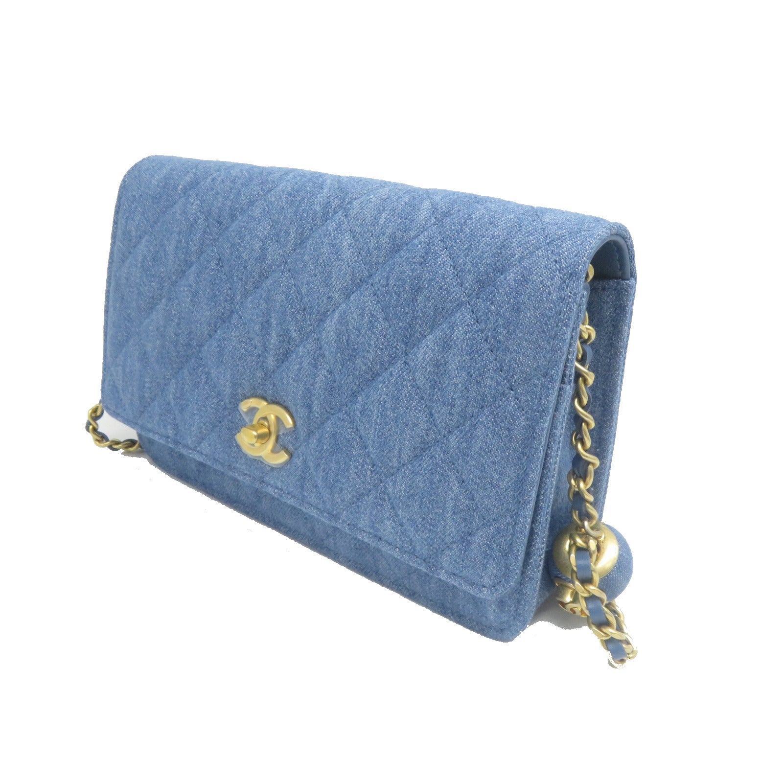 CHANEL 菱格牛仔布WOC金扣肩背袋藍色