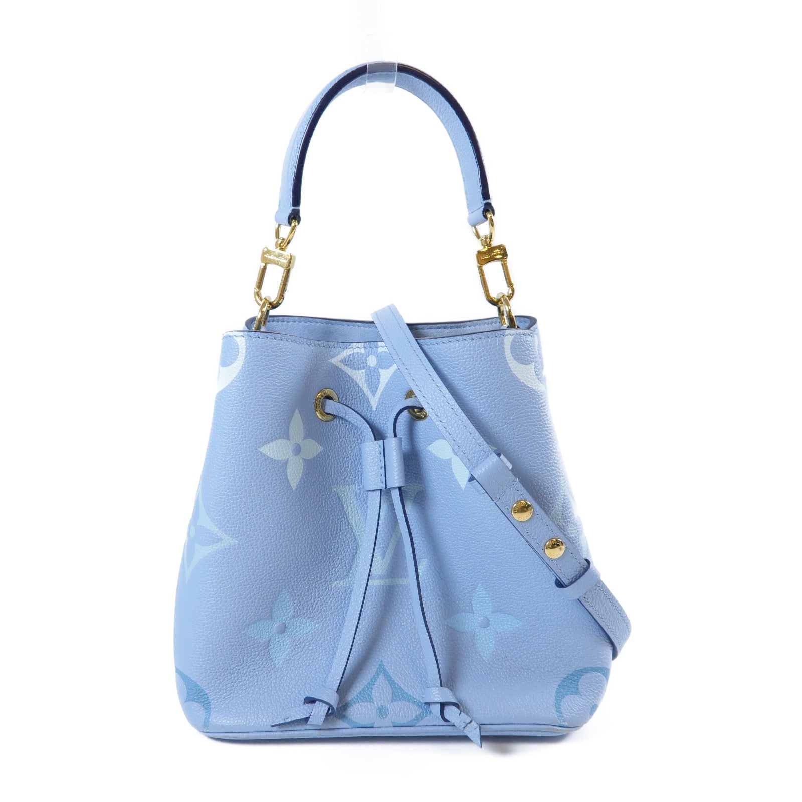 LOUIS VUITTON Monogram Empreinte NeoNoe BB金扣手挽肩背兩用袋夏日藍色