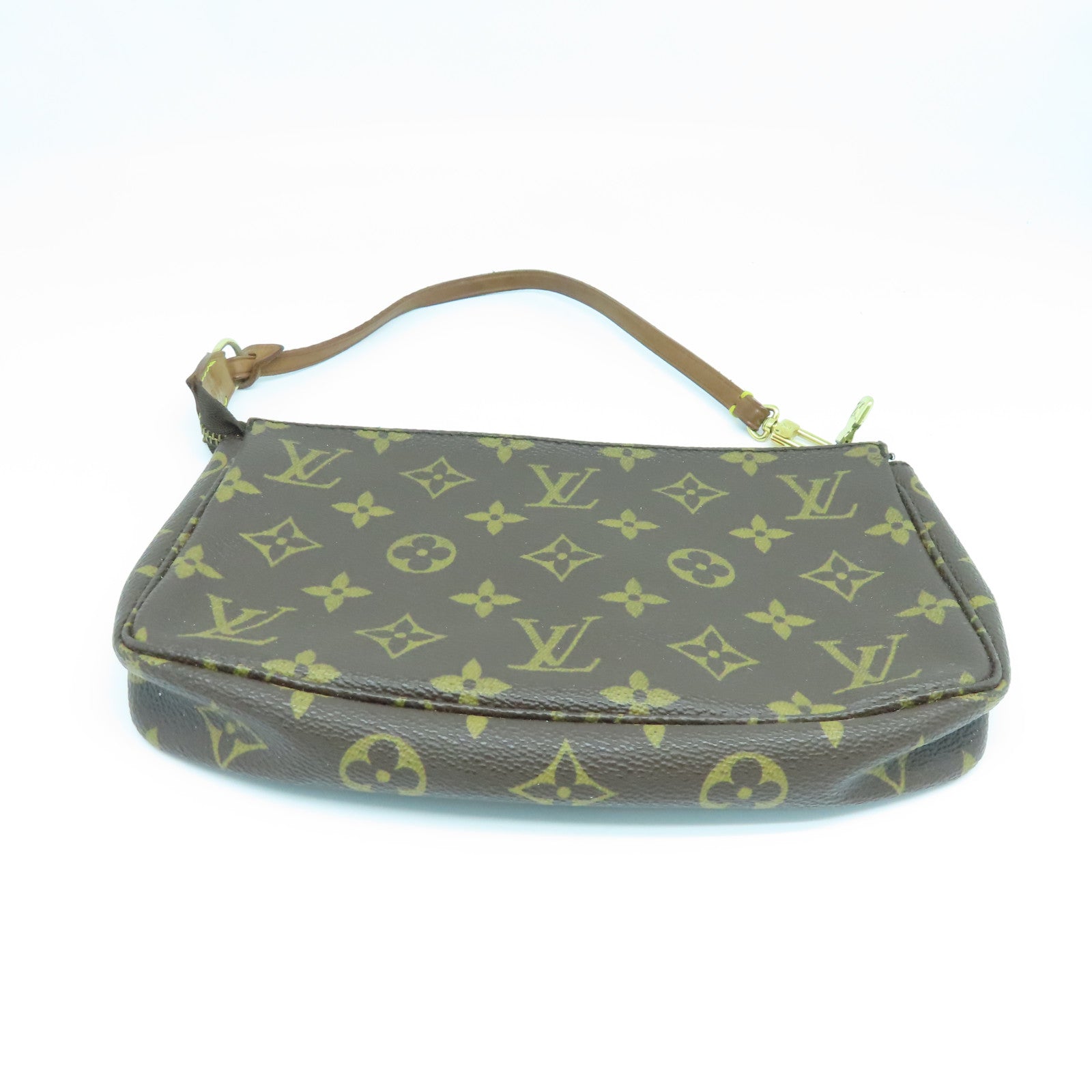 LOUIS VUITTON Monogram Pochette Accessories gold buckle handle bag brown