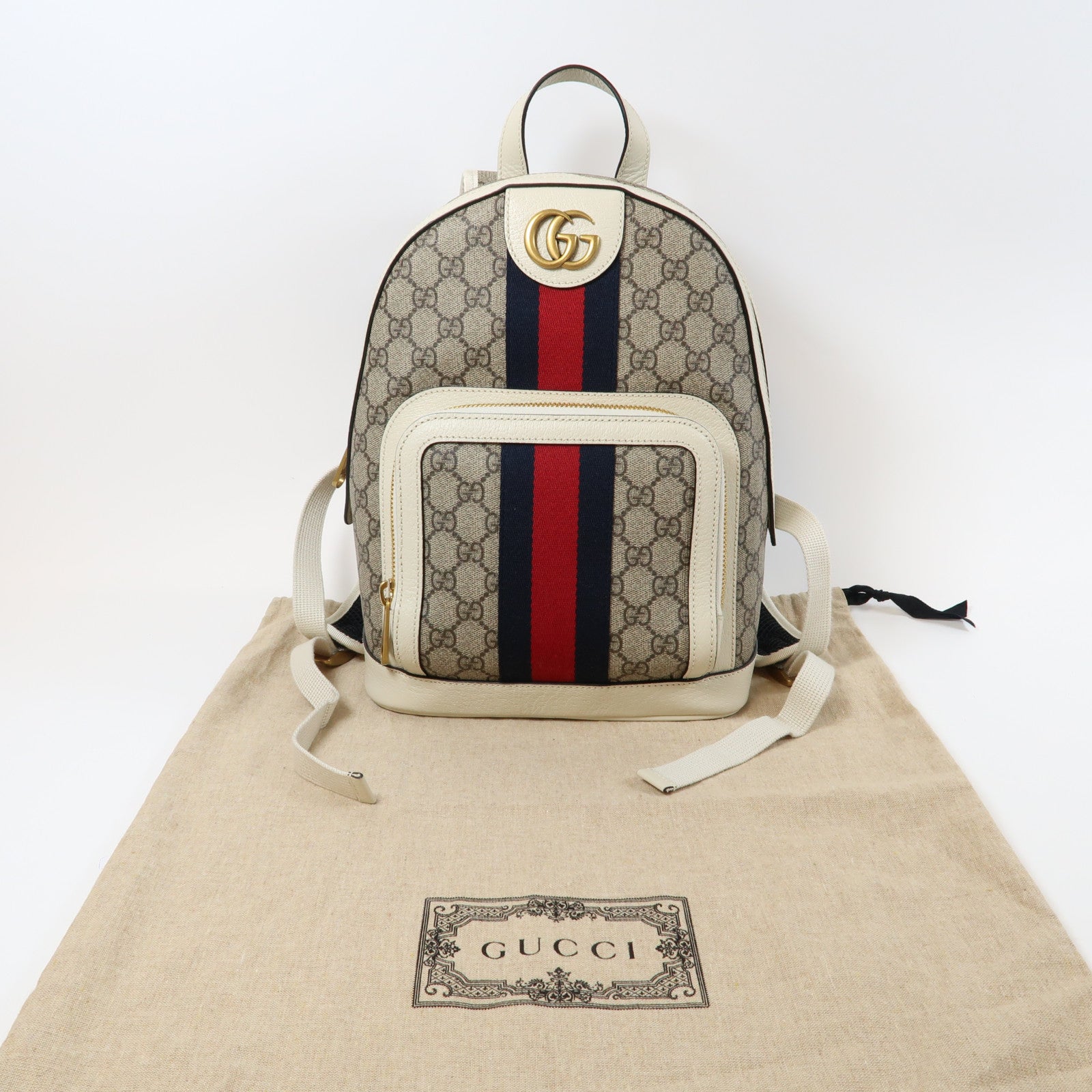 GUCCI 塗層帆布/皮革Ophidia GG Supreme Backpack金扣背包啡色/白色