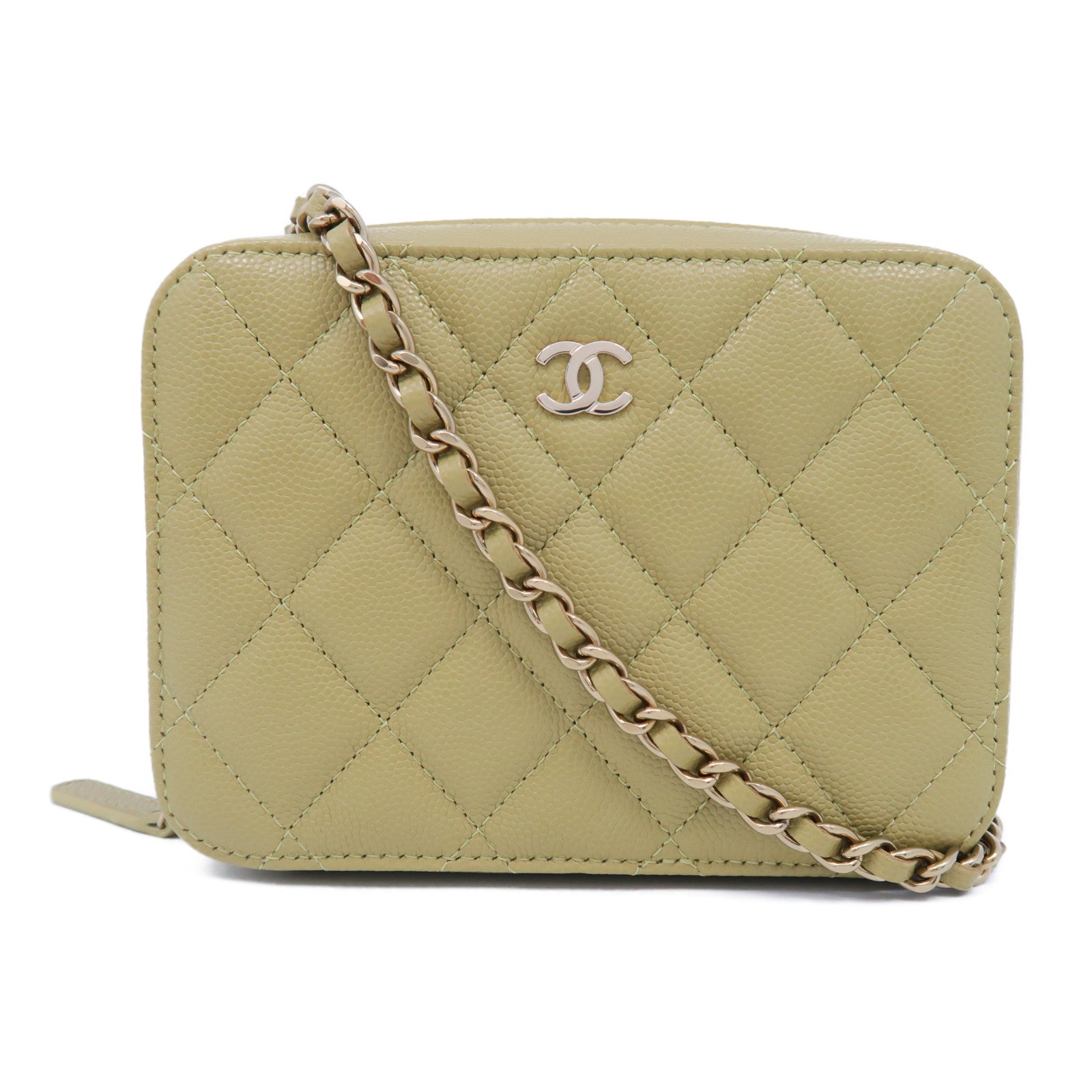 CHANEL 菱格Caviar皮革Chain Shoulder金扣鏈帶肩背袋啡黃色