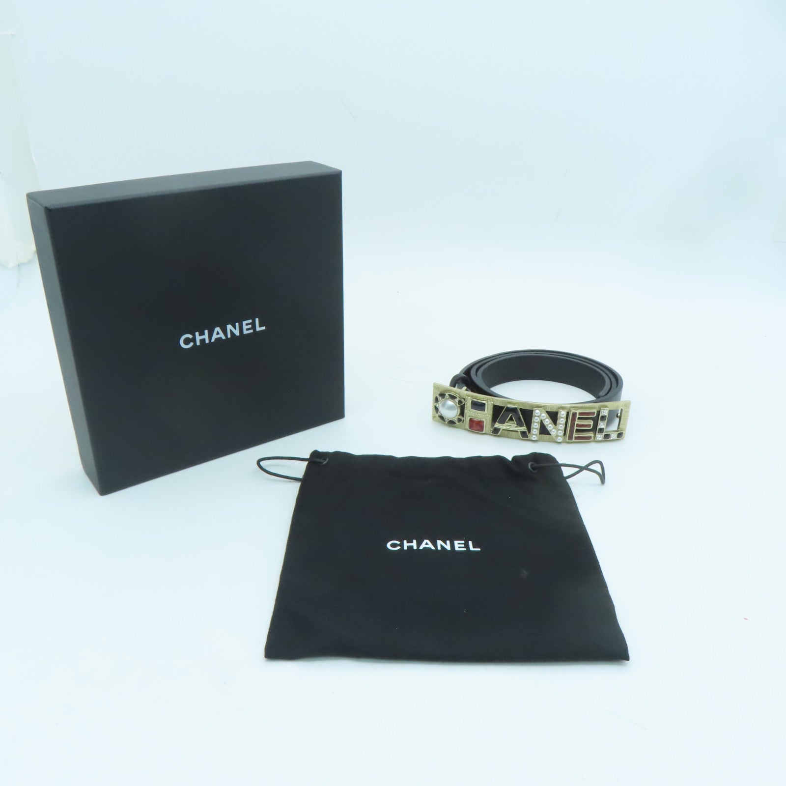 CHANEL Cowhide Leather Belt Gold Buckle Belt Black