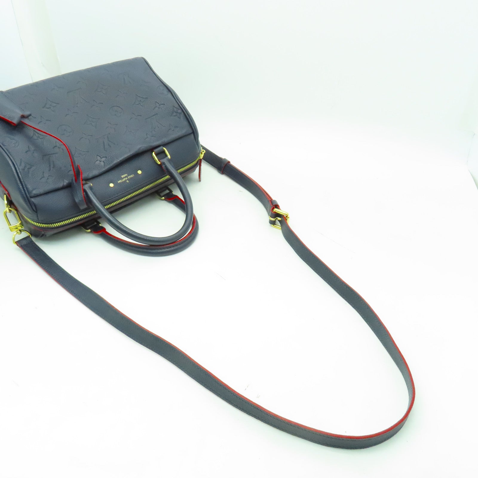 LOUIS VUITTON Monogram Empreinte Speedy Bandouliere 25金扣手挽肩背兩用袋深藍色