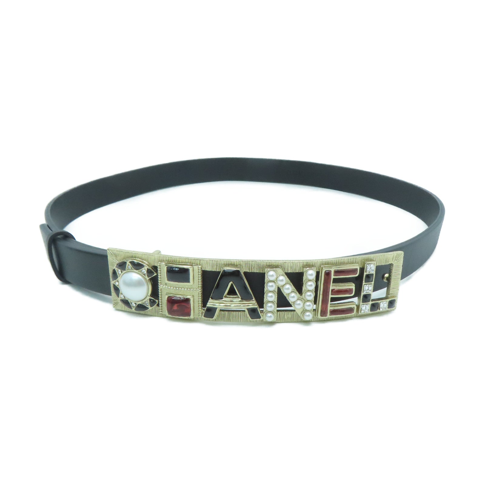 CHANEL Cowhide Leather Belt Gold Buckle Belt Black