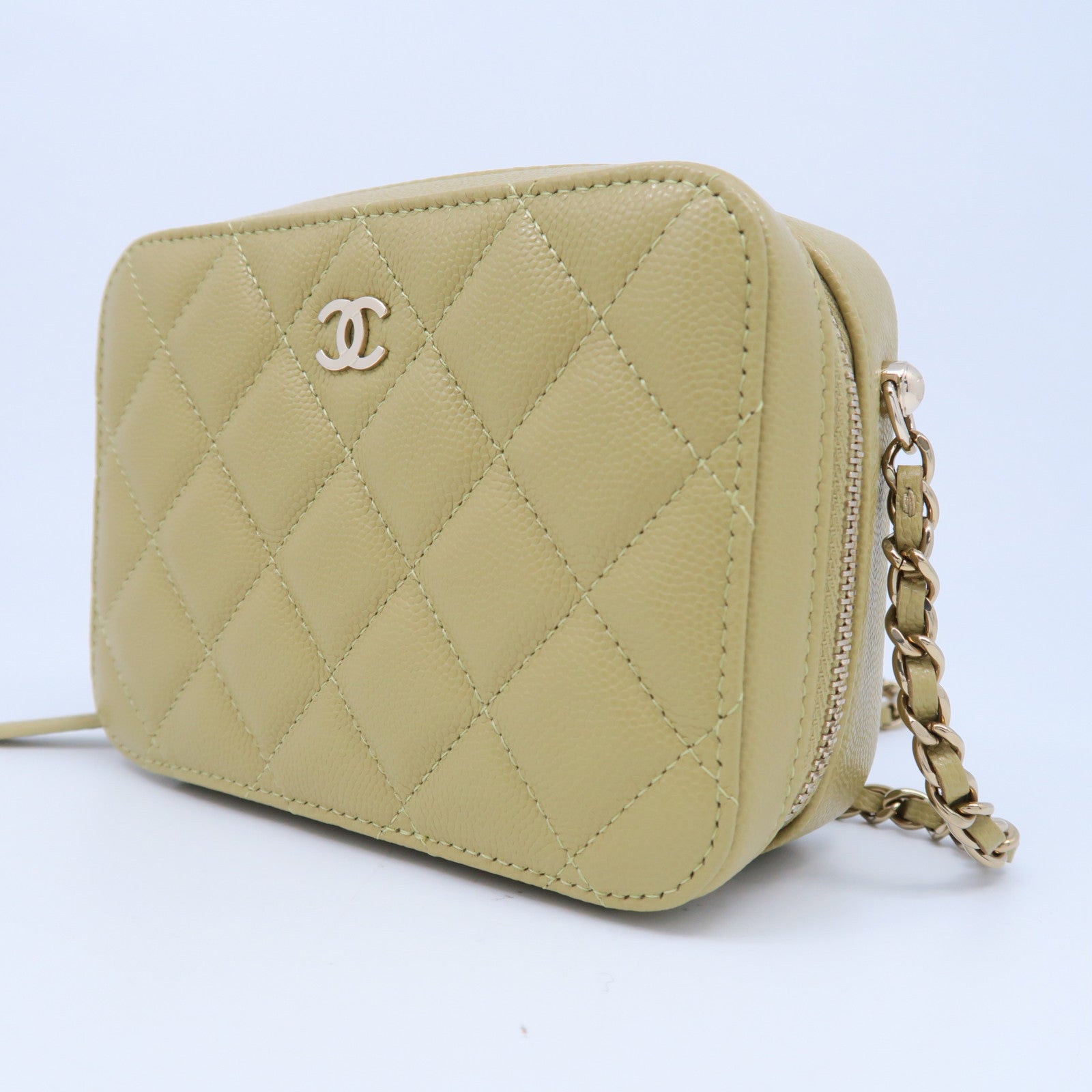 CHANEL 菱格Caviar皮革Chain Shoulder金扣鏈帶肩背袋啡黃色