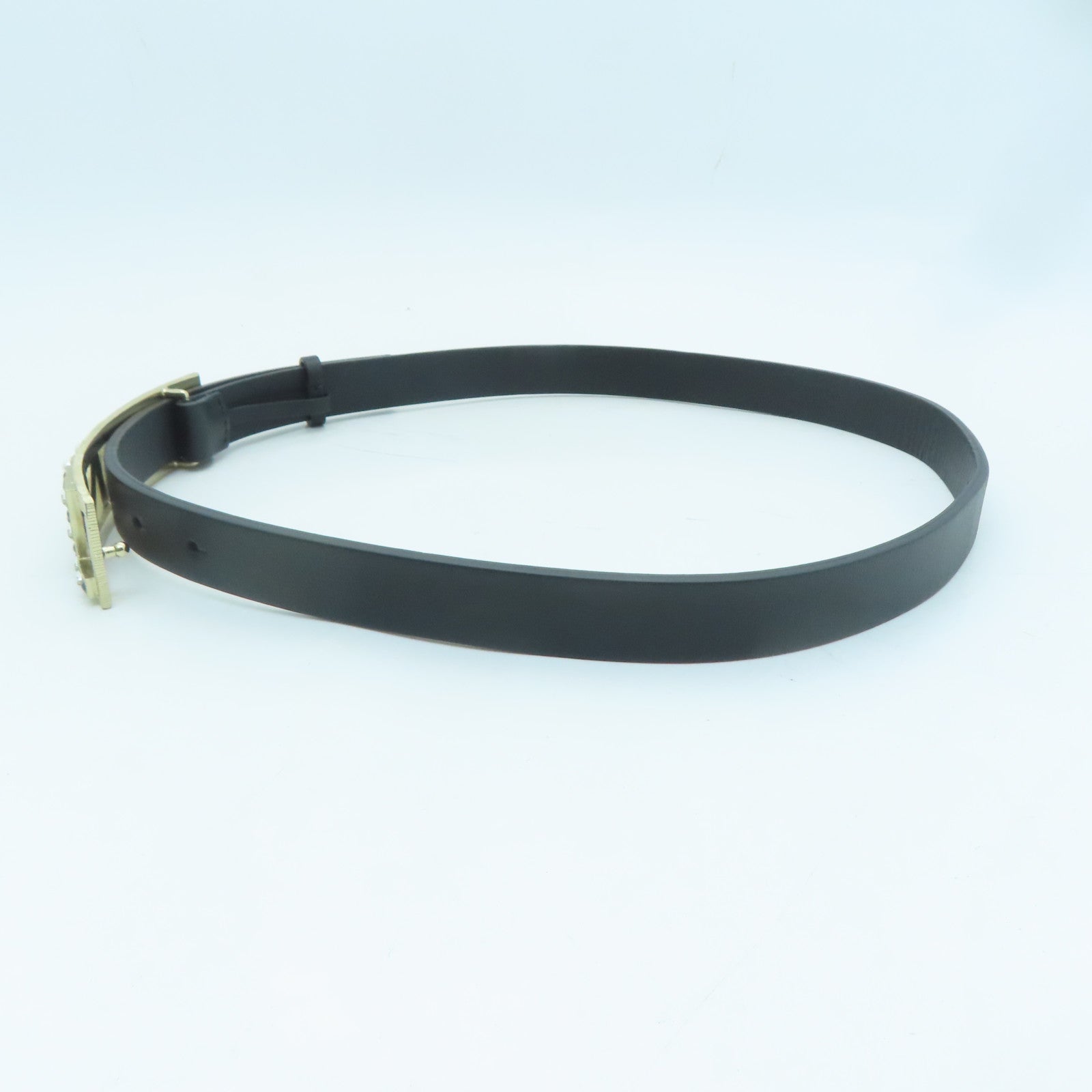CHANEL Cowhide Leather Belt Gold Buckle Belt Black