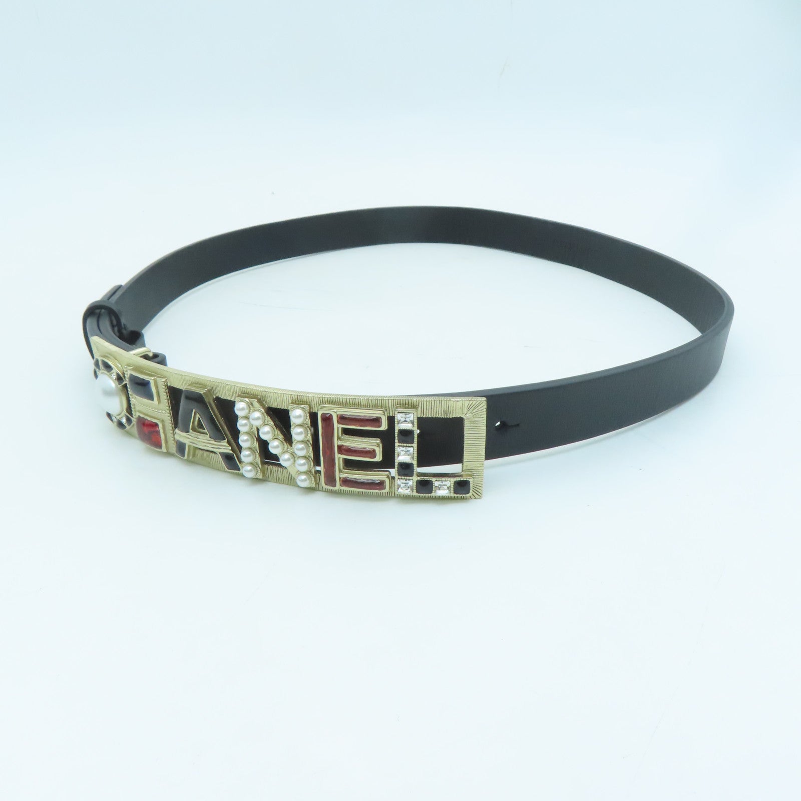 CHANEL Cowhide Leather Belt Gold Buckle Belt Black