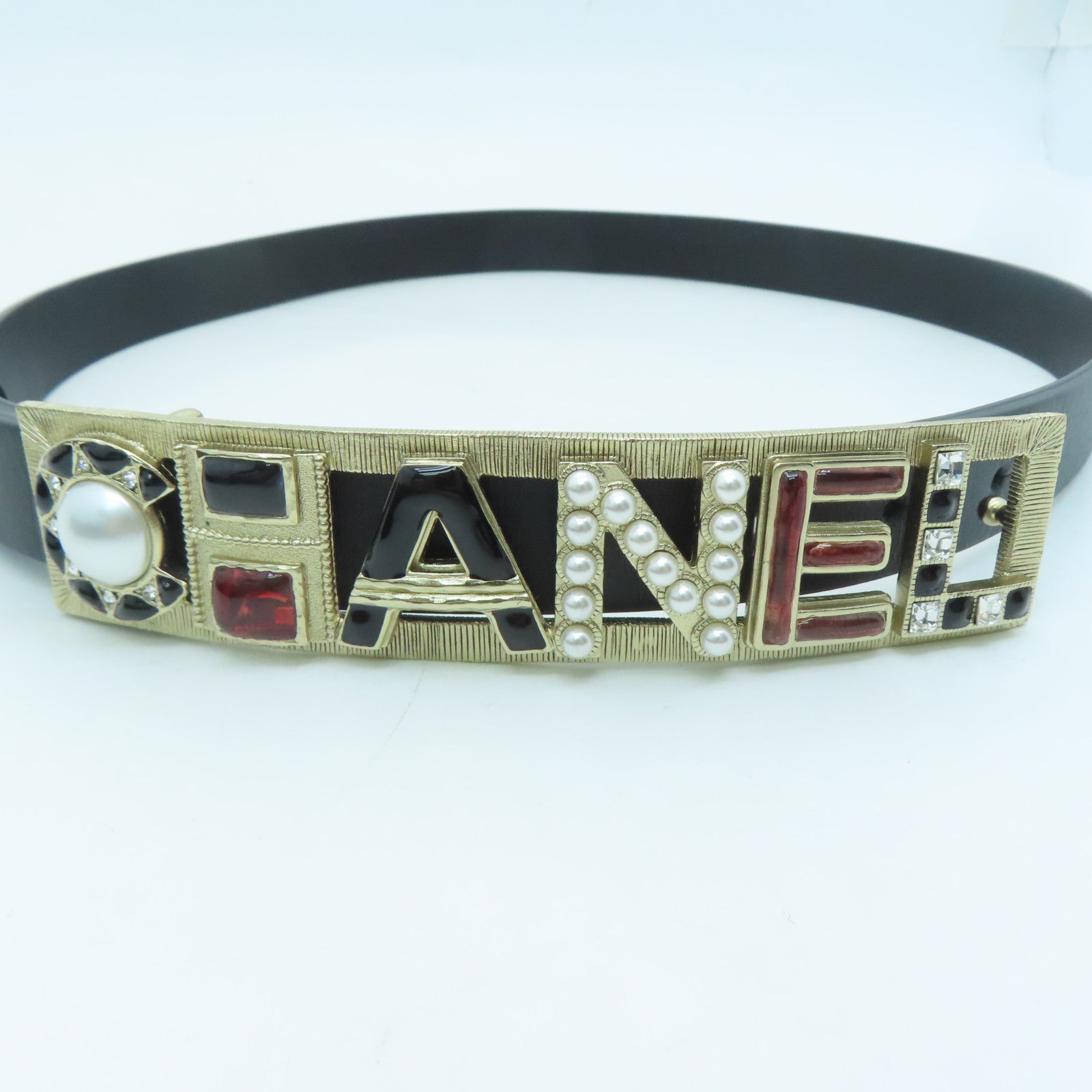 CHANEL Cowhide Leather Belt Gold Buckle Belt Black