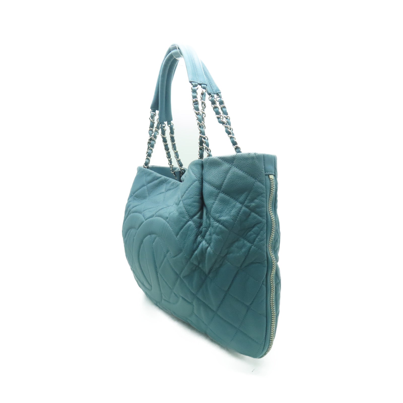 CHANEL 菱格牛皮皮革Shoulder Bag銀扣肩背袋藍色