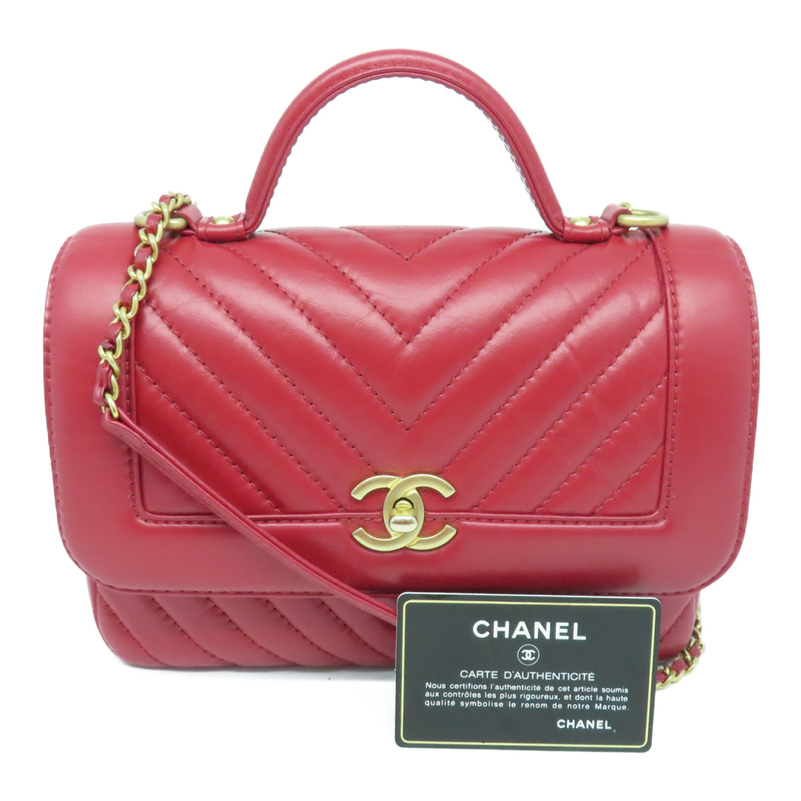 CHANEL 斜纹牛皮皮革Chain Shoulder Bag金扣链带肩背袋红色